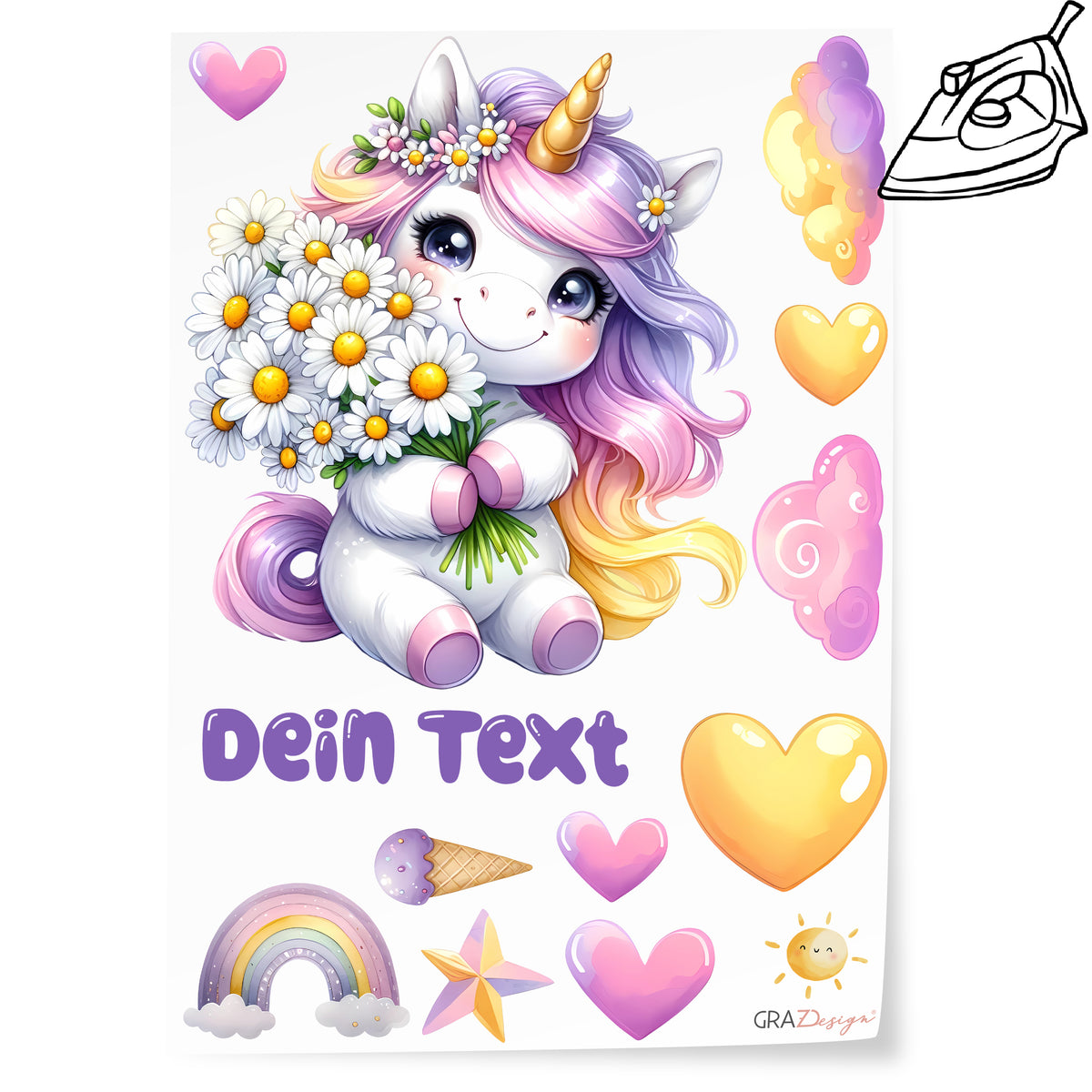 Einhorn mit Blumenstrauß, pastellfarben, Herz- und Sternmotive.