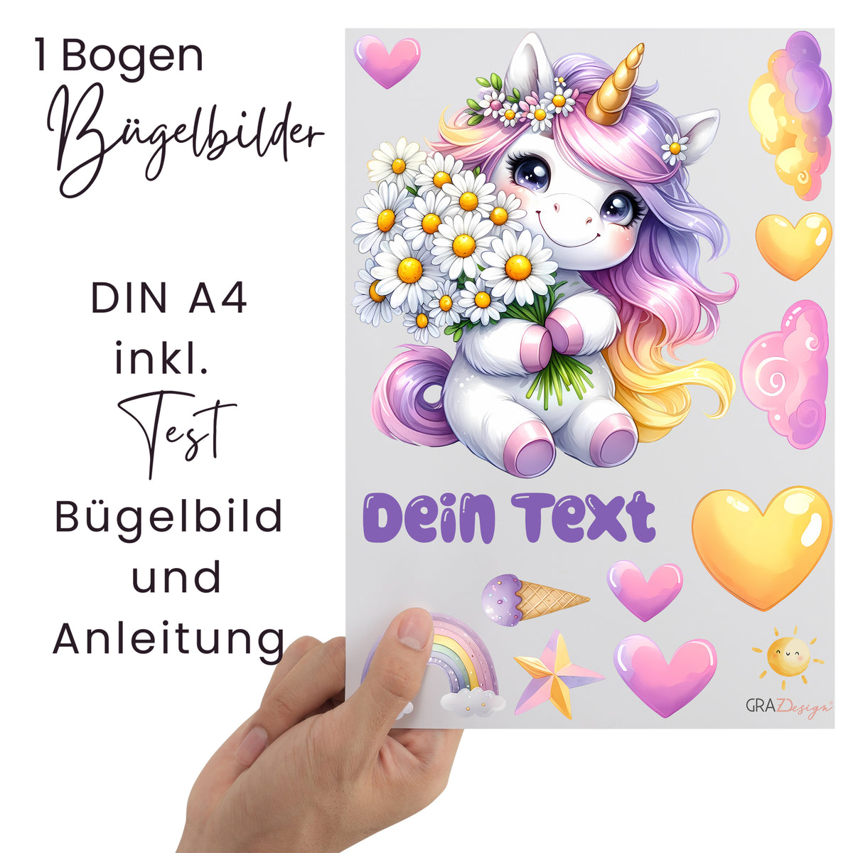 Bügelbilder mit Einhorn, Blumen und bunten Herzen.