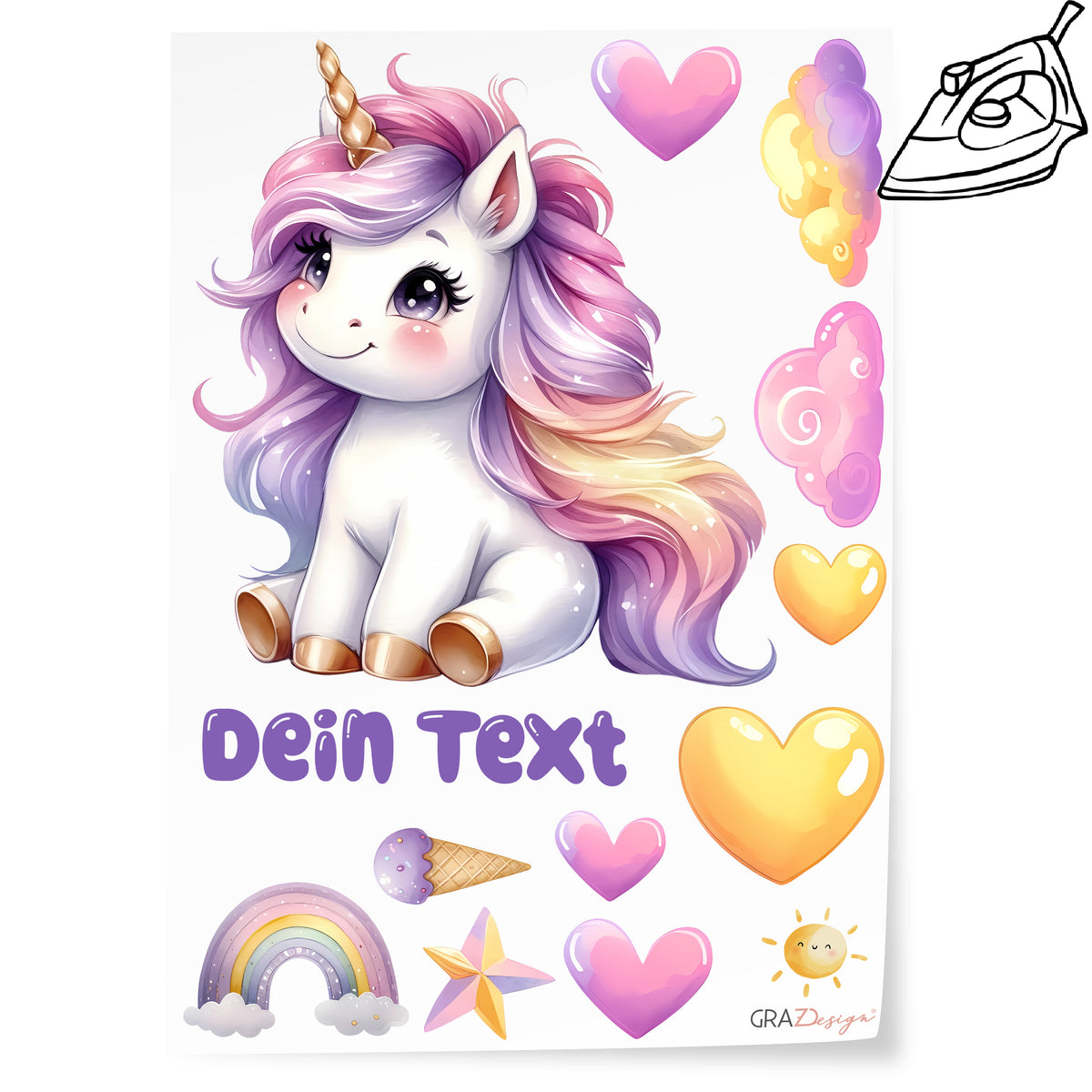 Einhorn mit buntem Haar, Herzen, Regenbogen und Wolken.