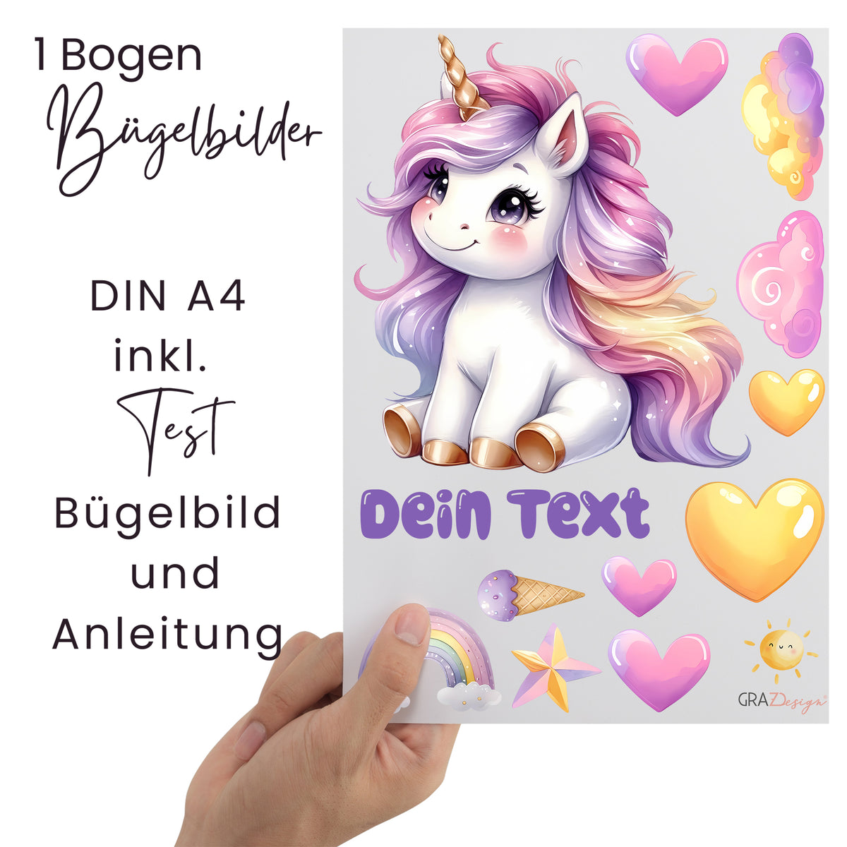 Bügelbilderbogen mit Einhorn, Herzen und bunten Details.