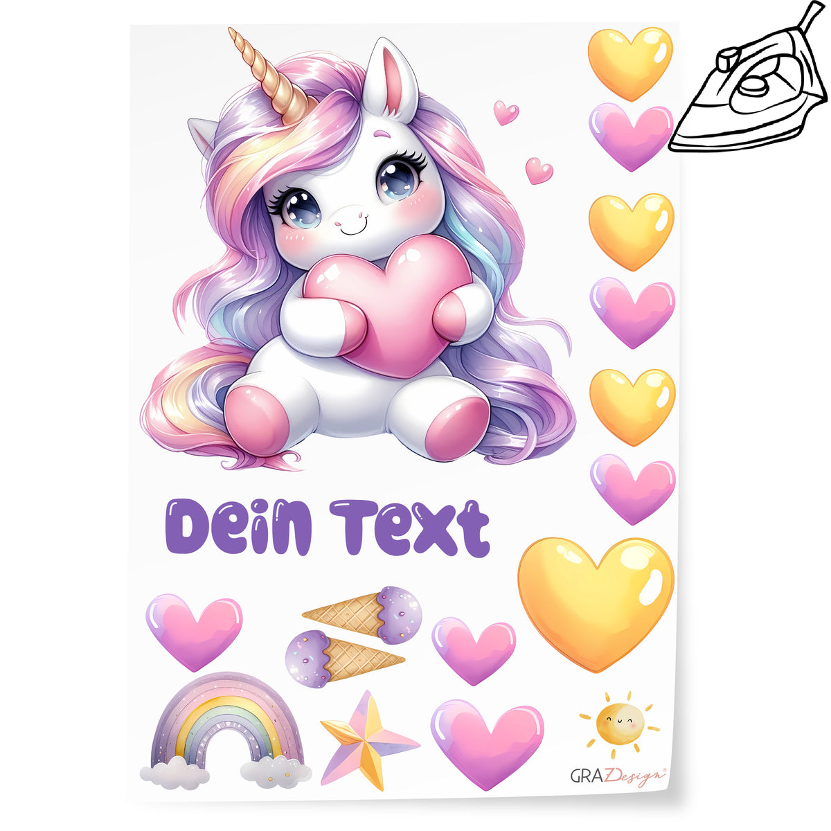Einhorn-Sticker mit bunten Herzen und Regenbogen.