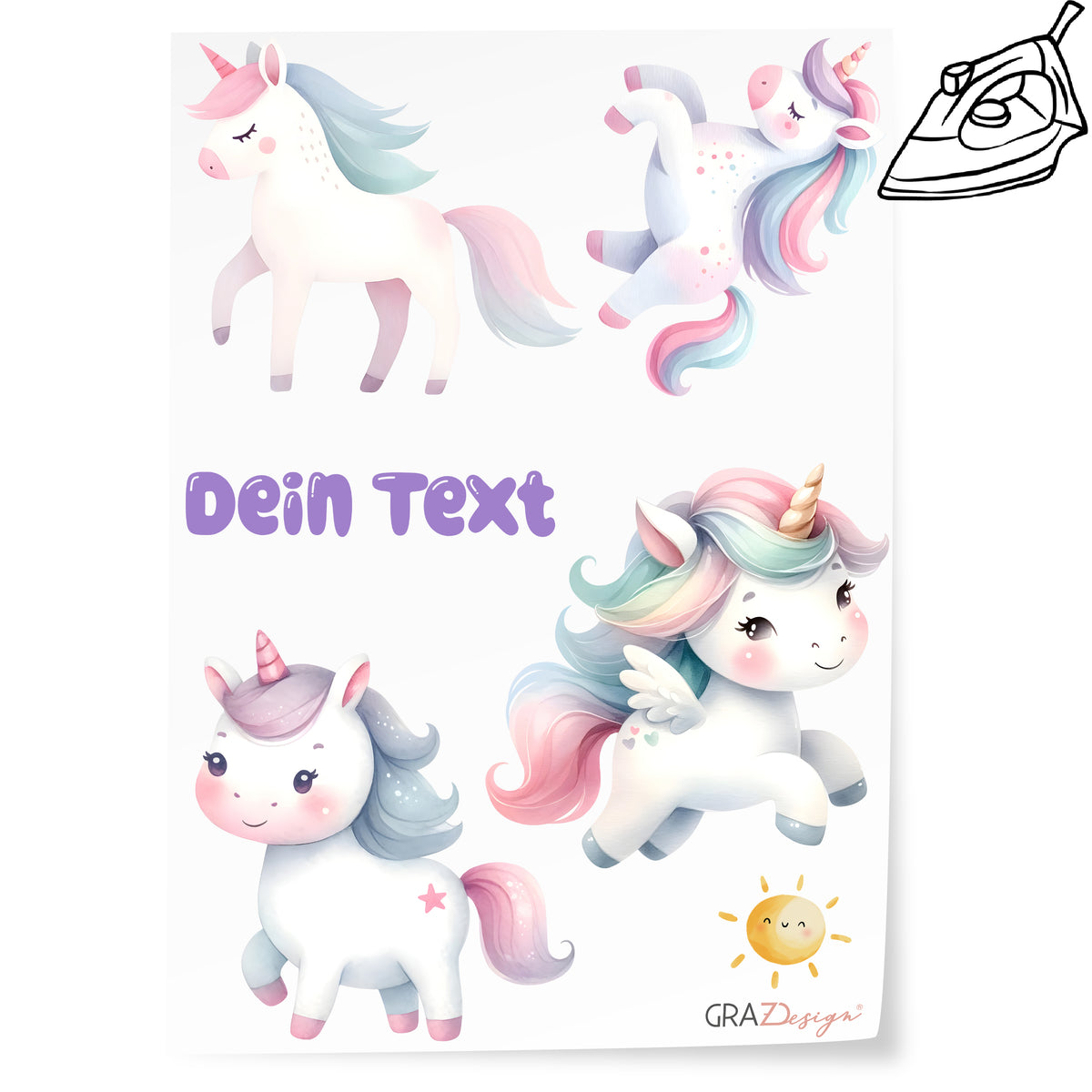 Vier bunte Einhörner mit Pastellfarben und Text.
