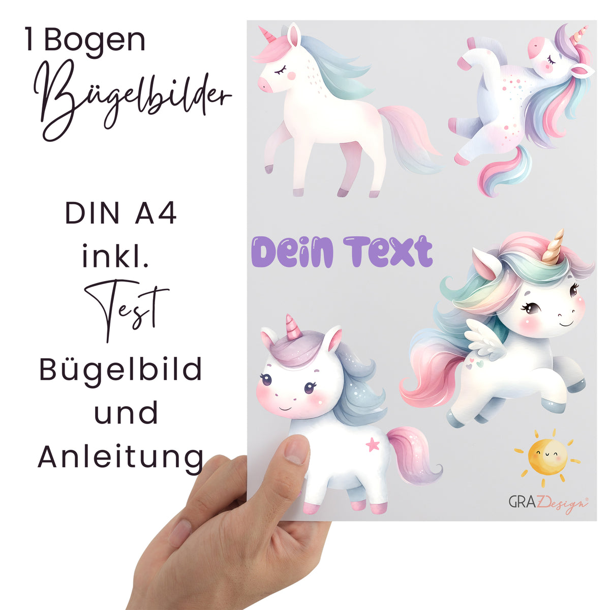 Bügelbilder mit Einhörnern auf A4-Bogen, bunt und verspielt.