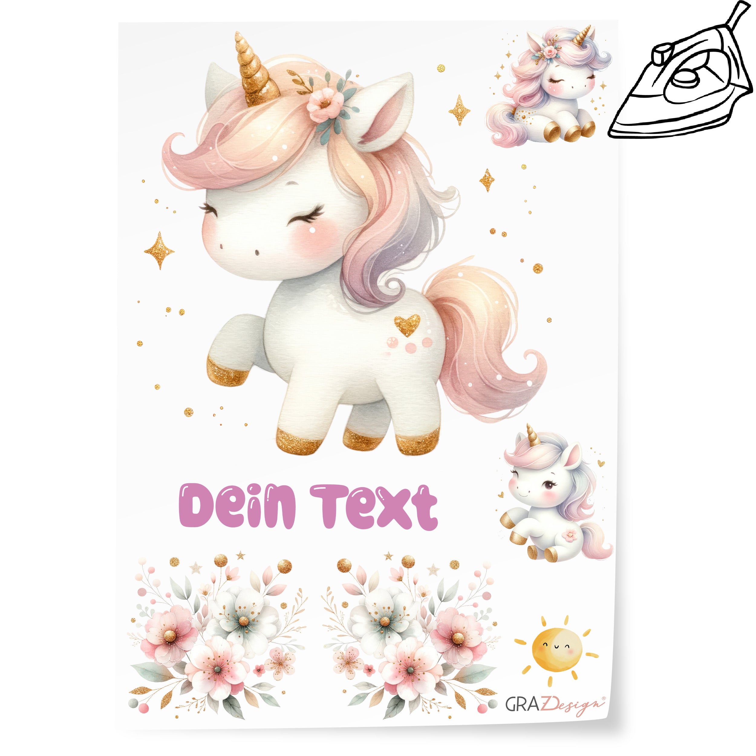 Einhorn mit rosa Mähne und Blumen, bunte Dekoration.