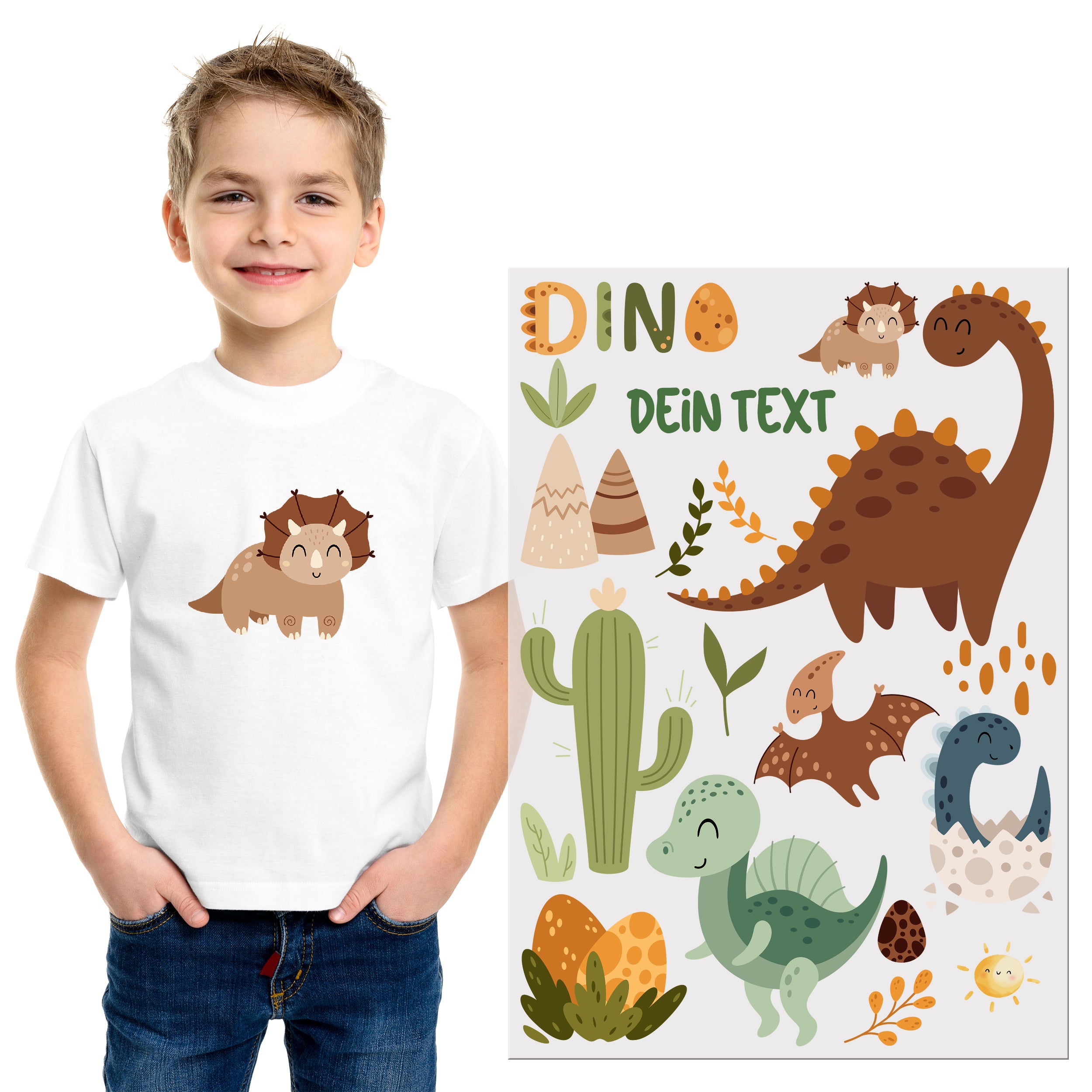 Weißes T-Shirt mit Dino-Motiv und bunten Illustrationen.