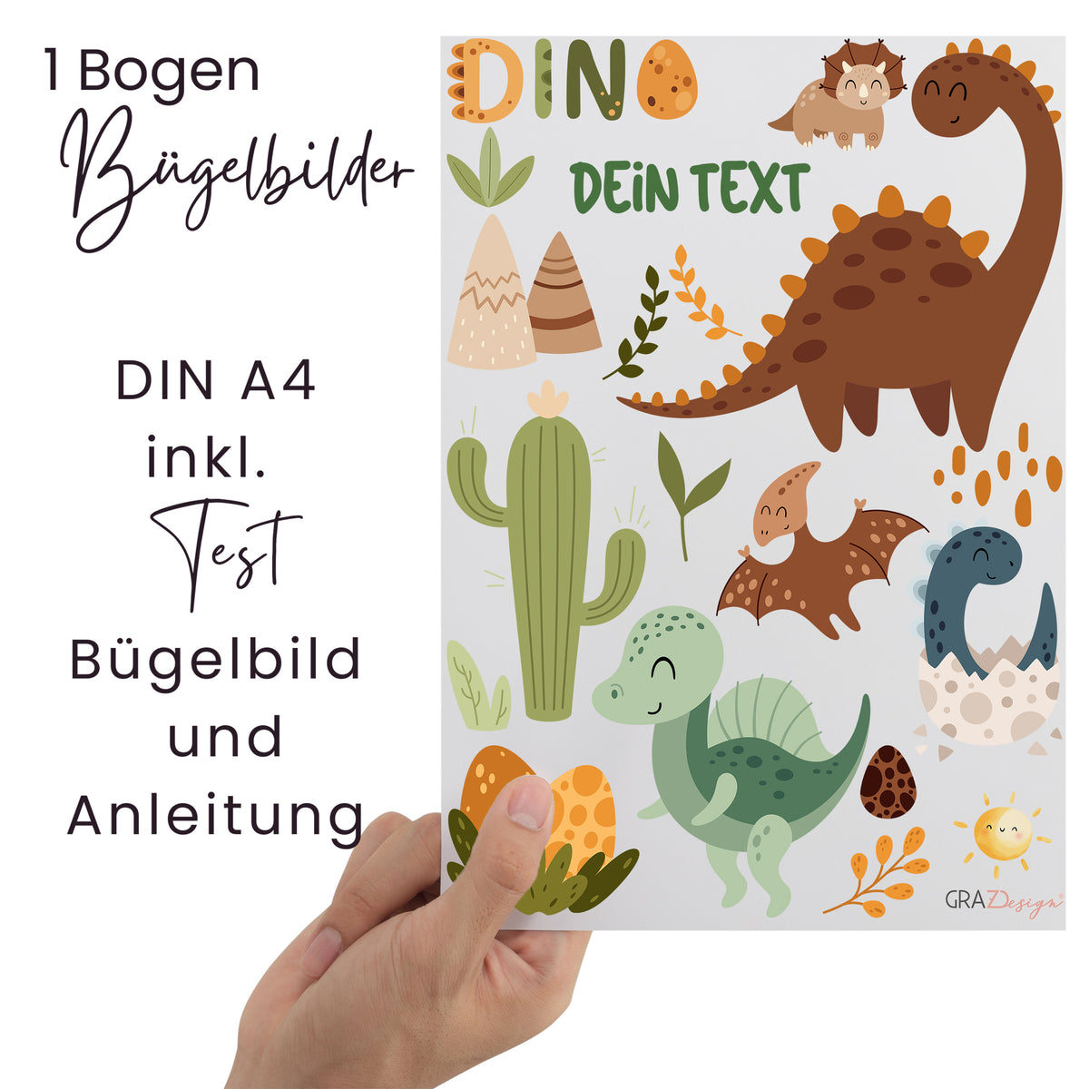 Bügelbilder mit Dinosauriern und Pflanzen, DIN A4, bunt.