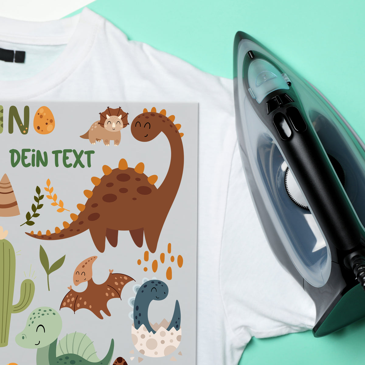 Dinosaurier-Motiv auf grauem Hintergrund mit Text.