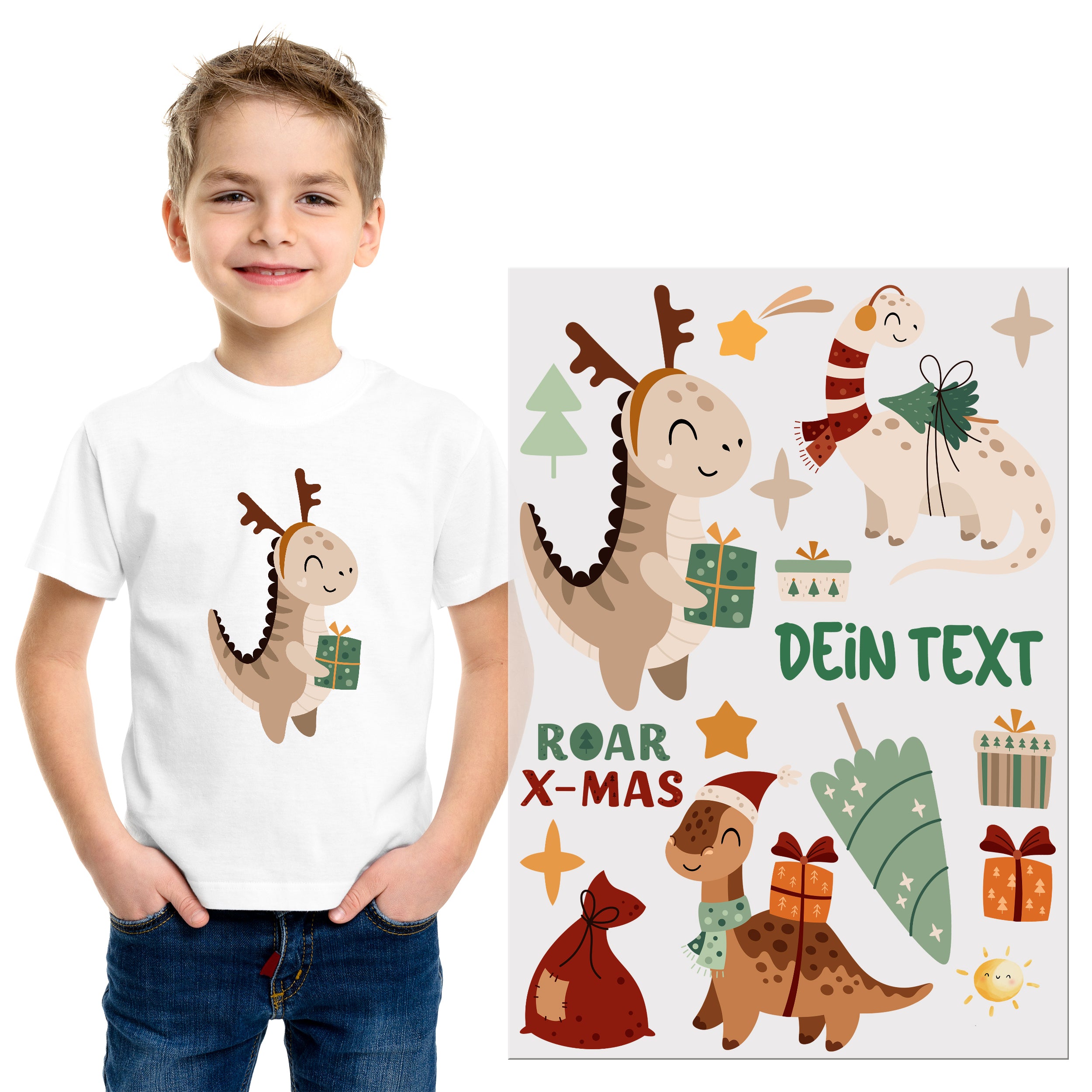 Weißes T-Shirt mit fröhlichen Dinosauriern und Geschenken.
