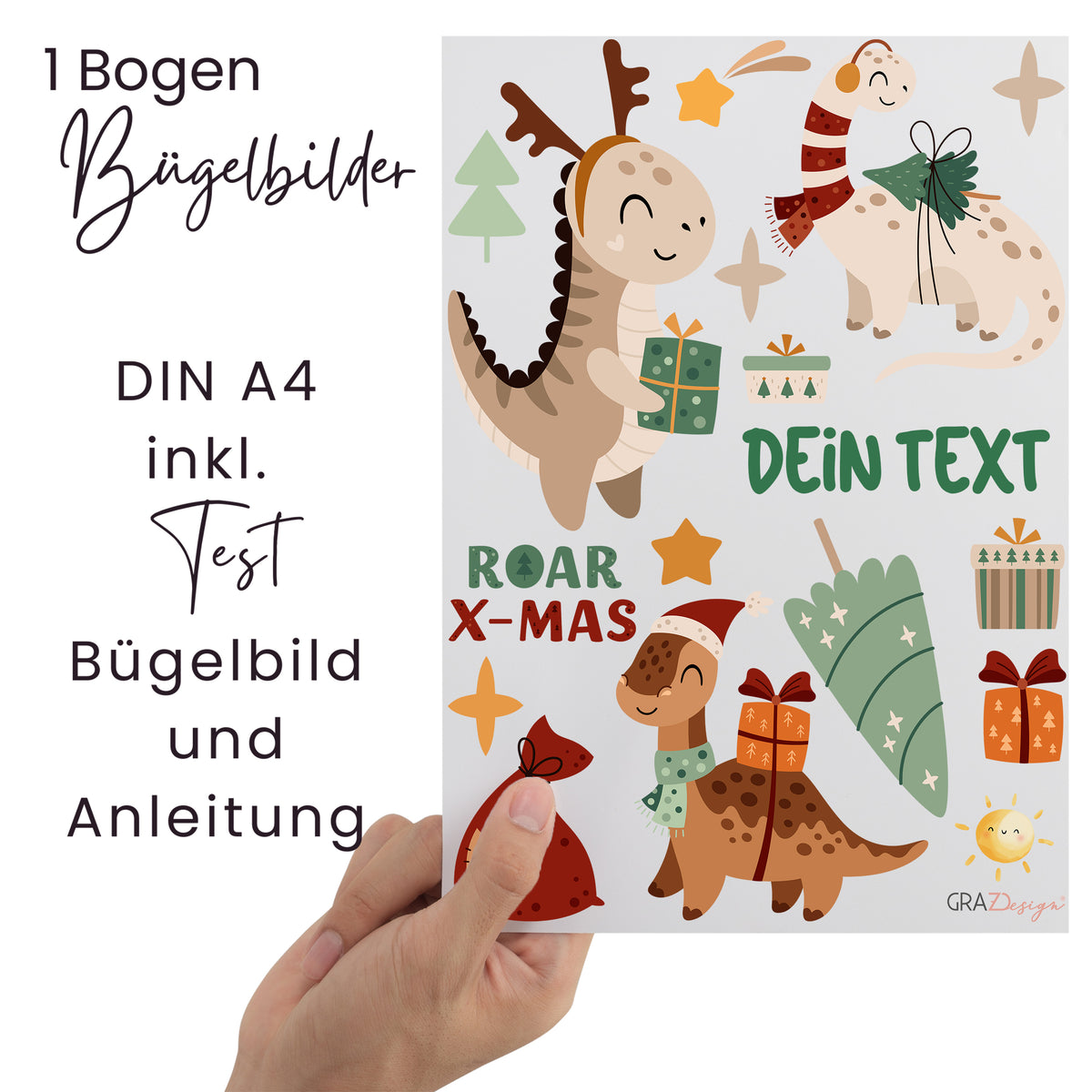 Bügelbilder mit Dinosauriern, Geschenken und Weihnachtsmotiven.
