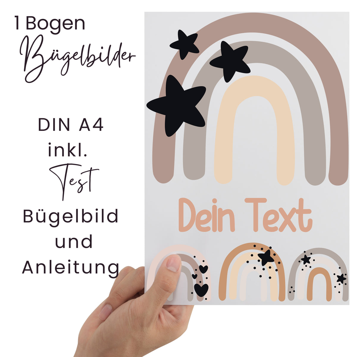 Bügelbilder A4 mit Regenbogen und Sternen, personalisierbar.