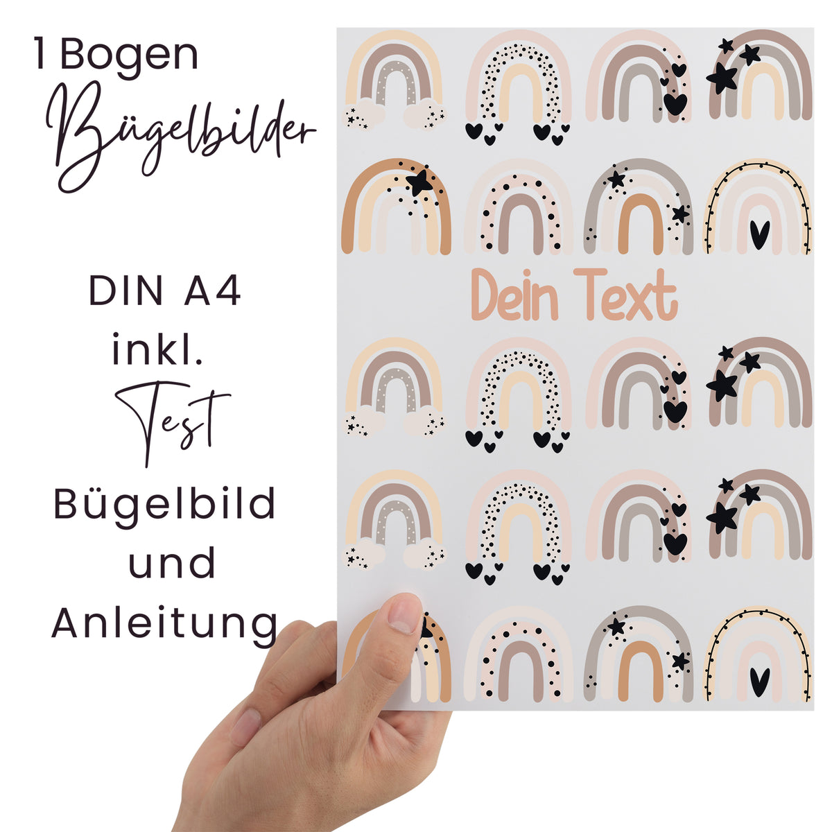 Bügelbilder Bogen in Pastellfarben mit Regenbögen und Sternen.