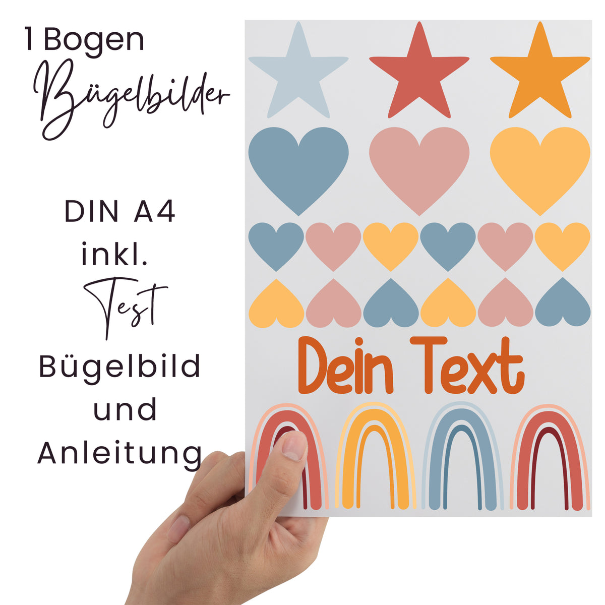 Bügelbilder Bogen DIN A4 mit bunten Herzen und Sternen.