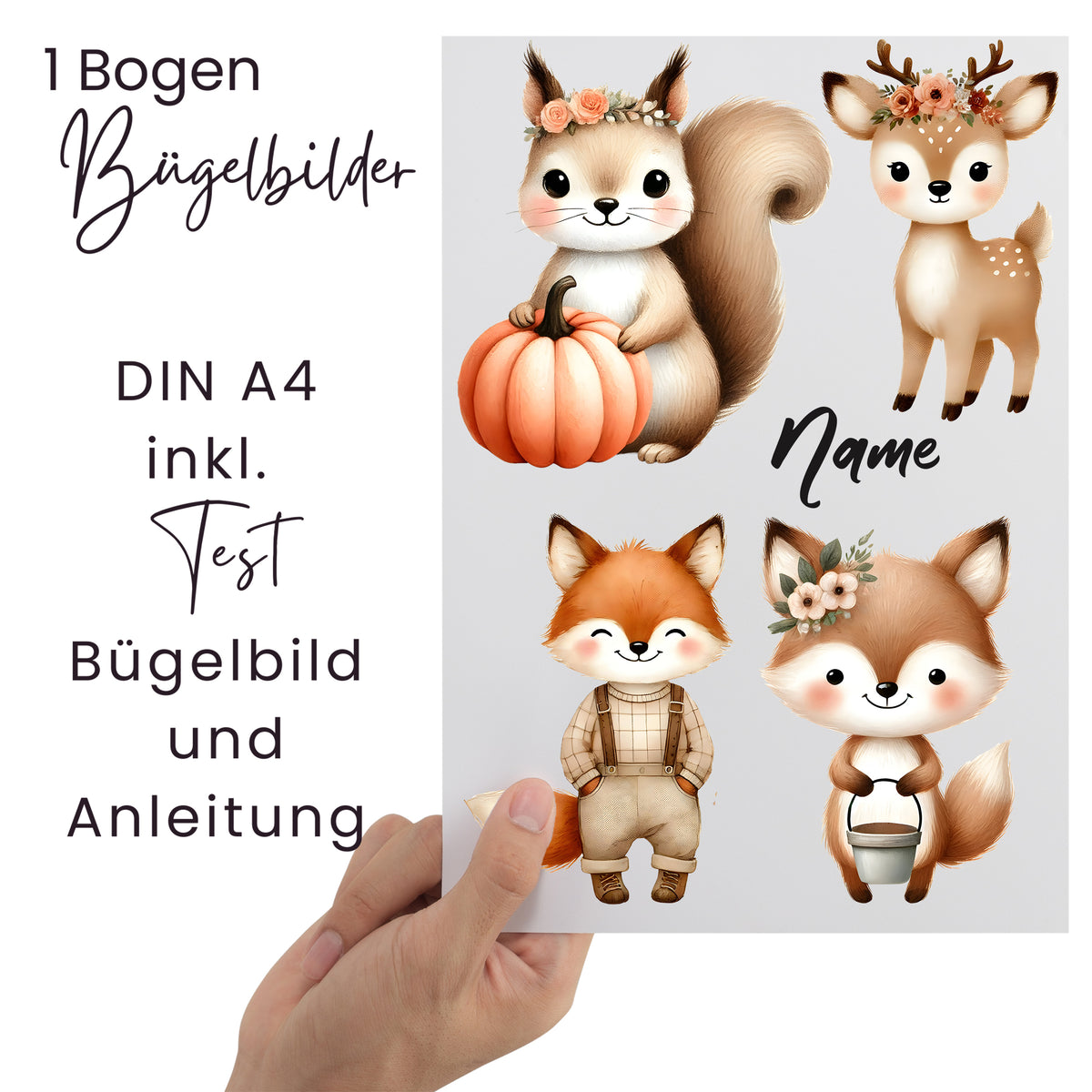 Bogen mit Bügelbildern, Tiere, orange Kürbis, A4, Anleitung.