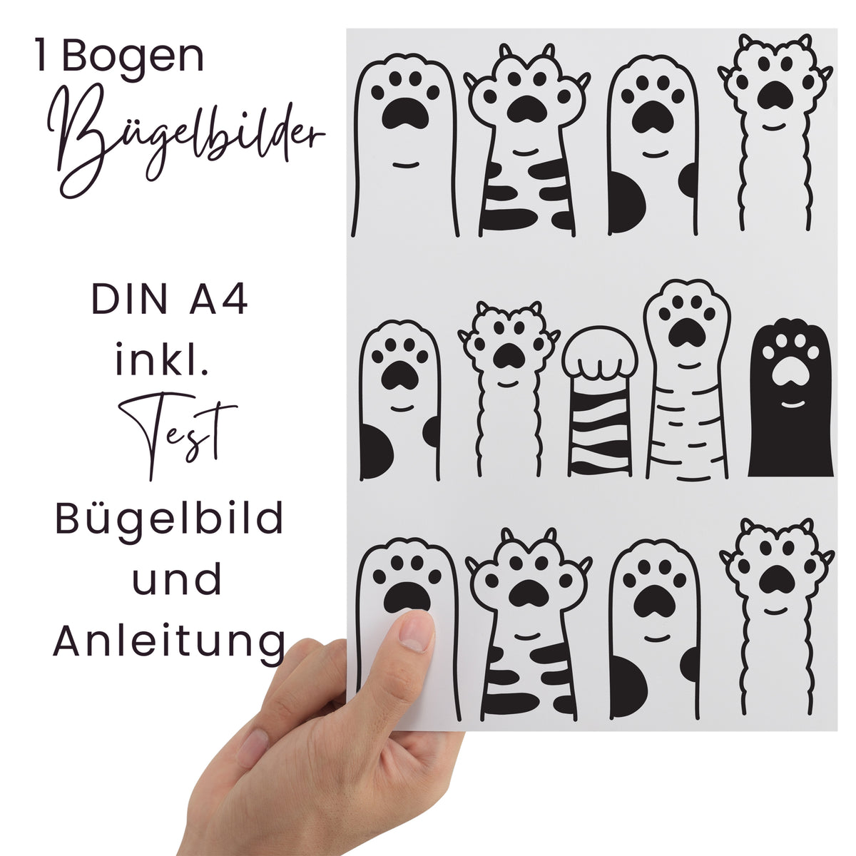 Bügelbilder auf A4-Bogen, schwarz-weiß mit Tiermotiven.