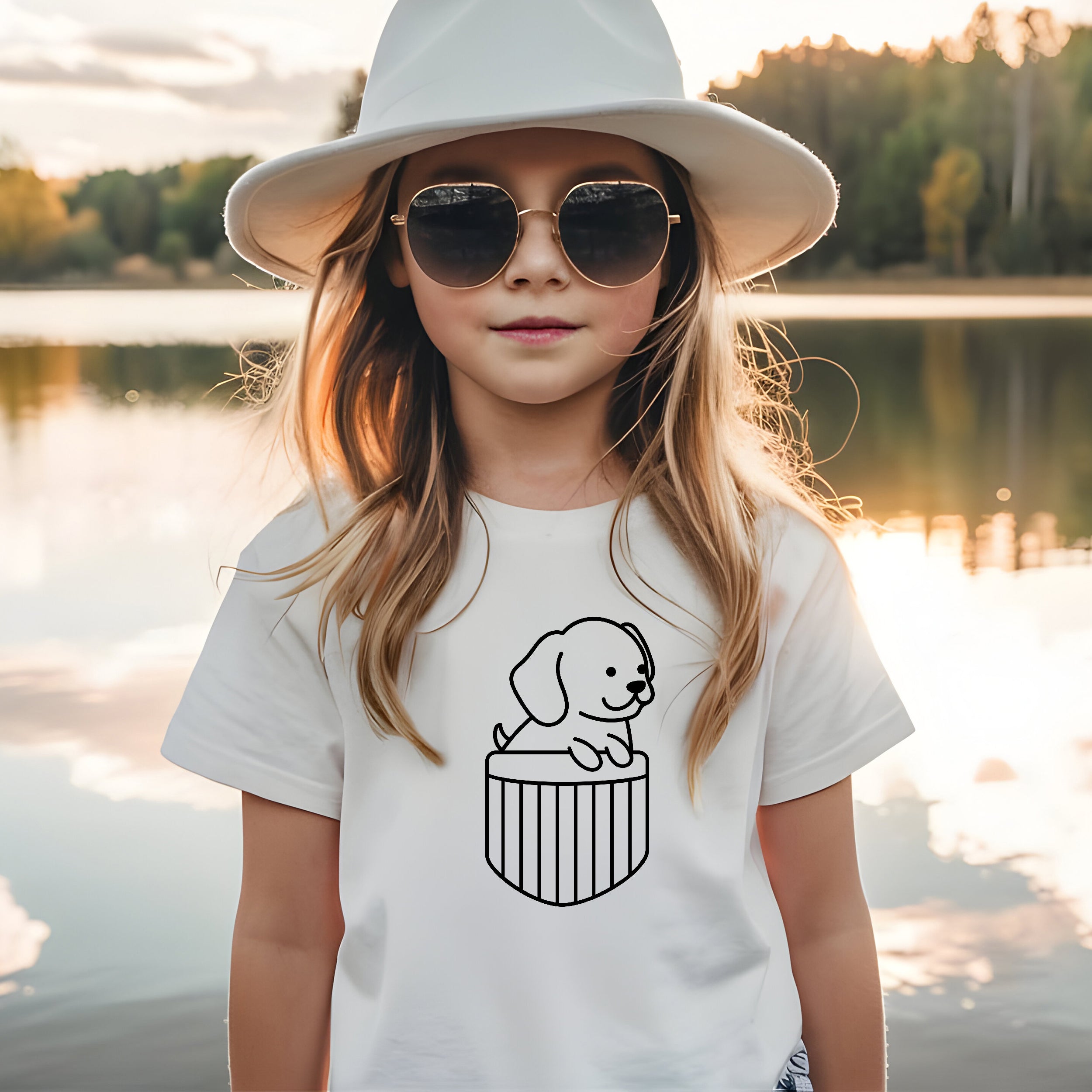 Mädchen mit Sonnenbrille, weißem T-Shirt und Hundemotiv.