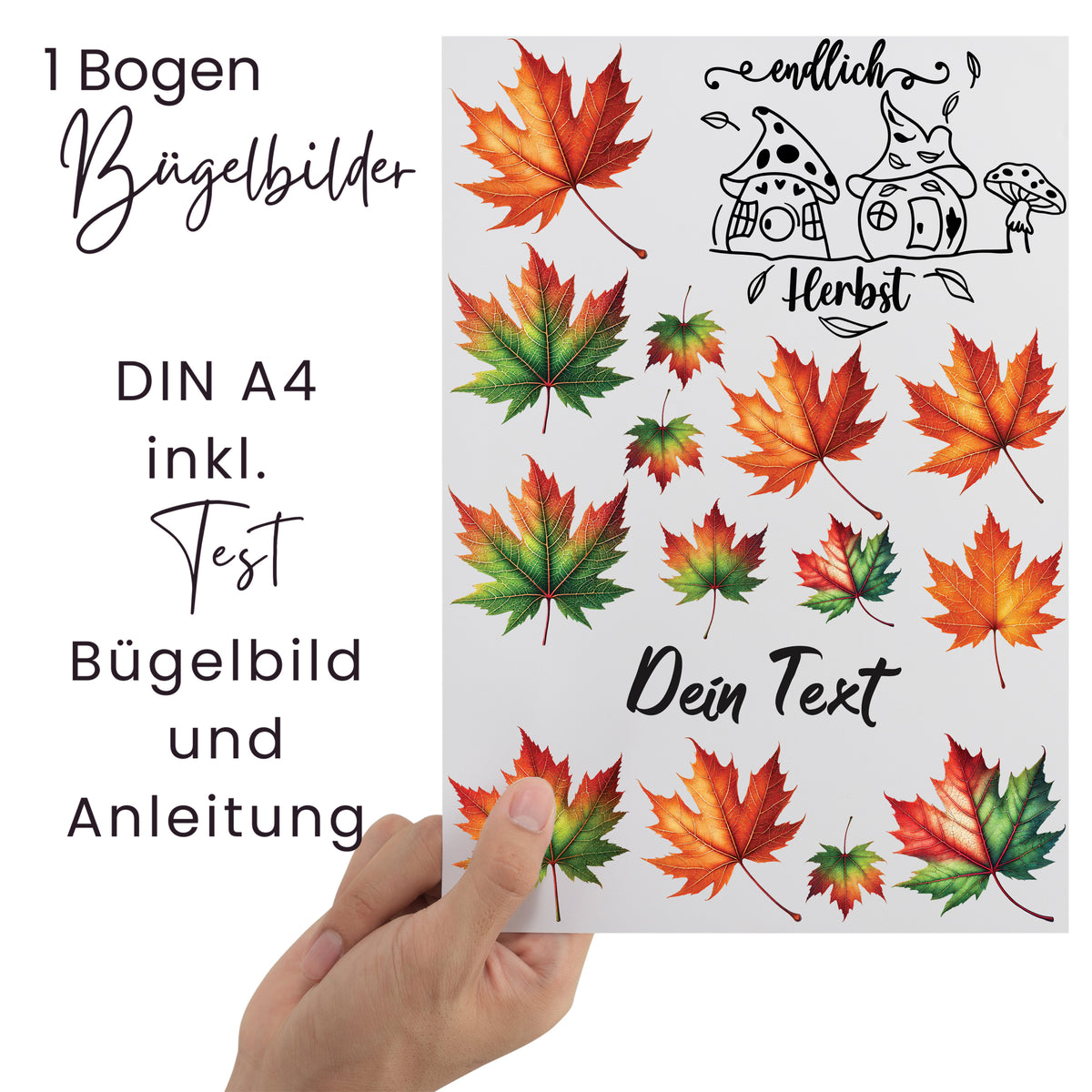 Bügelbilder mit bunten Herbstblättern auf A4-Bogen.