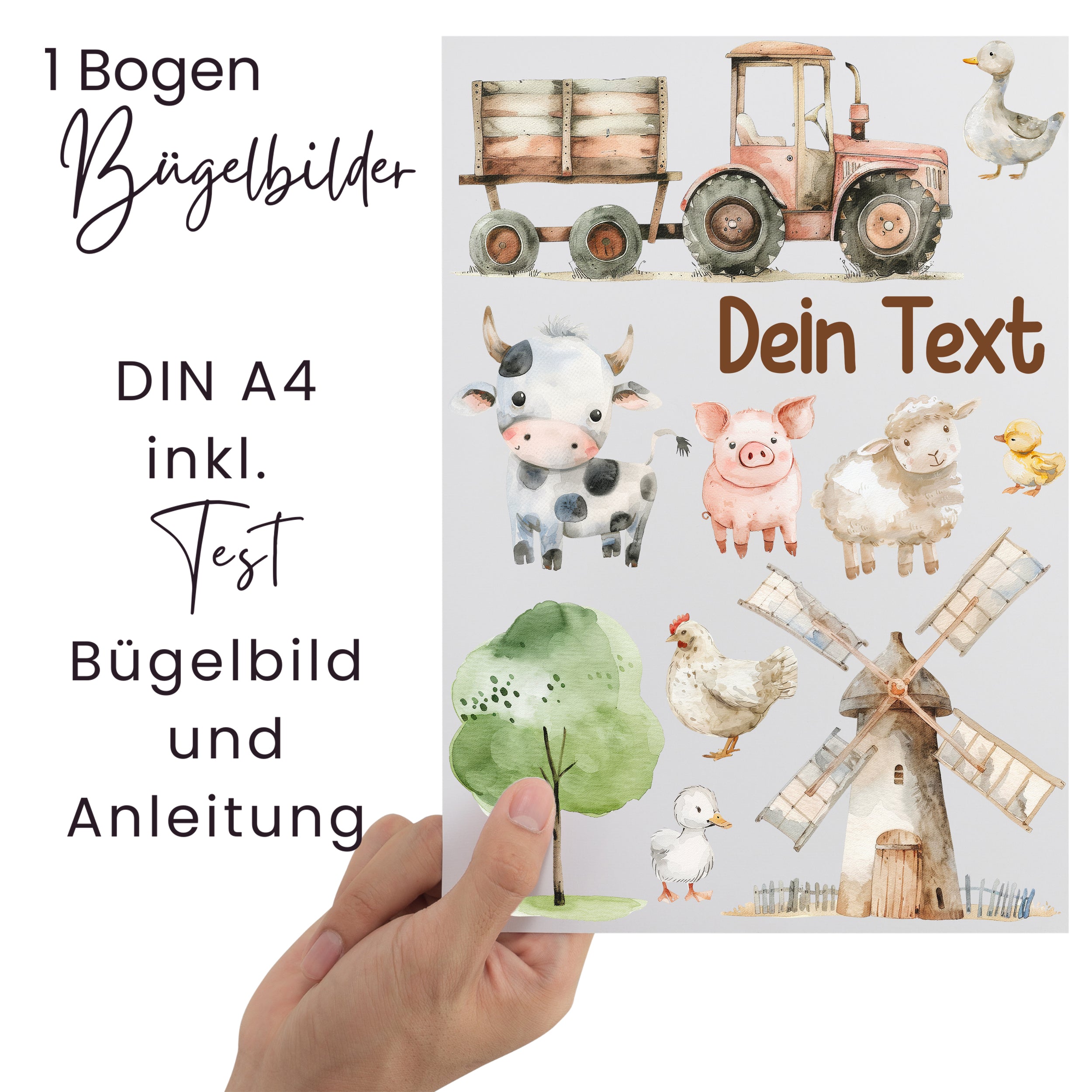 Bügelbilder A4 mit Bauernhofmotiven, inklusive Anleitung und Test.