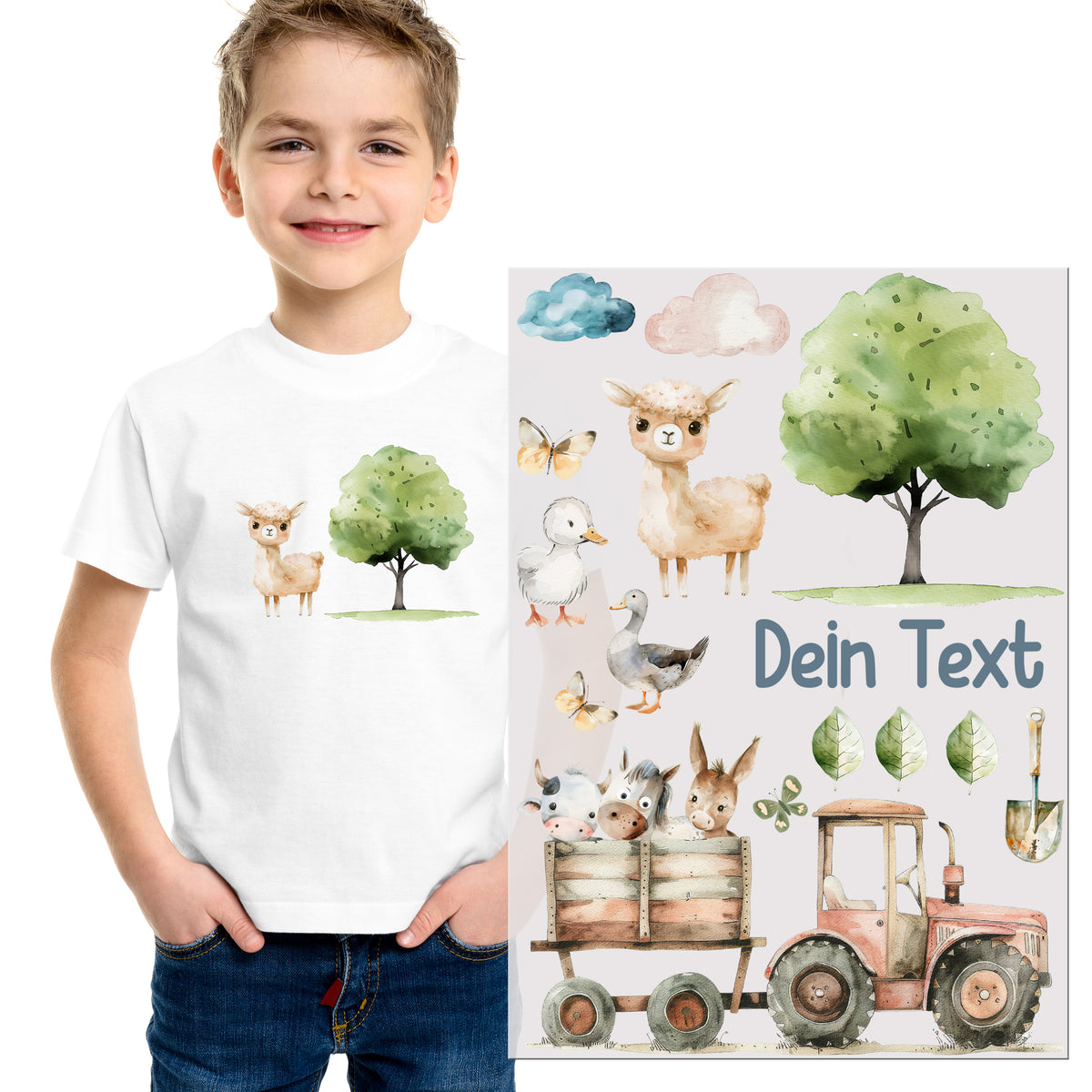 Weißes T-Shirt, niedliche Tierillustrationen, Traktor und Bäume.