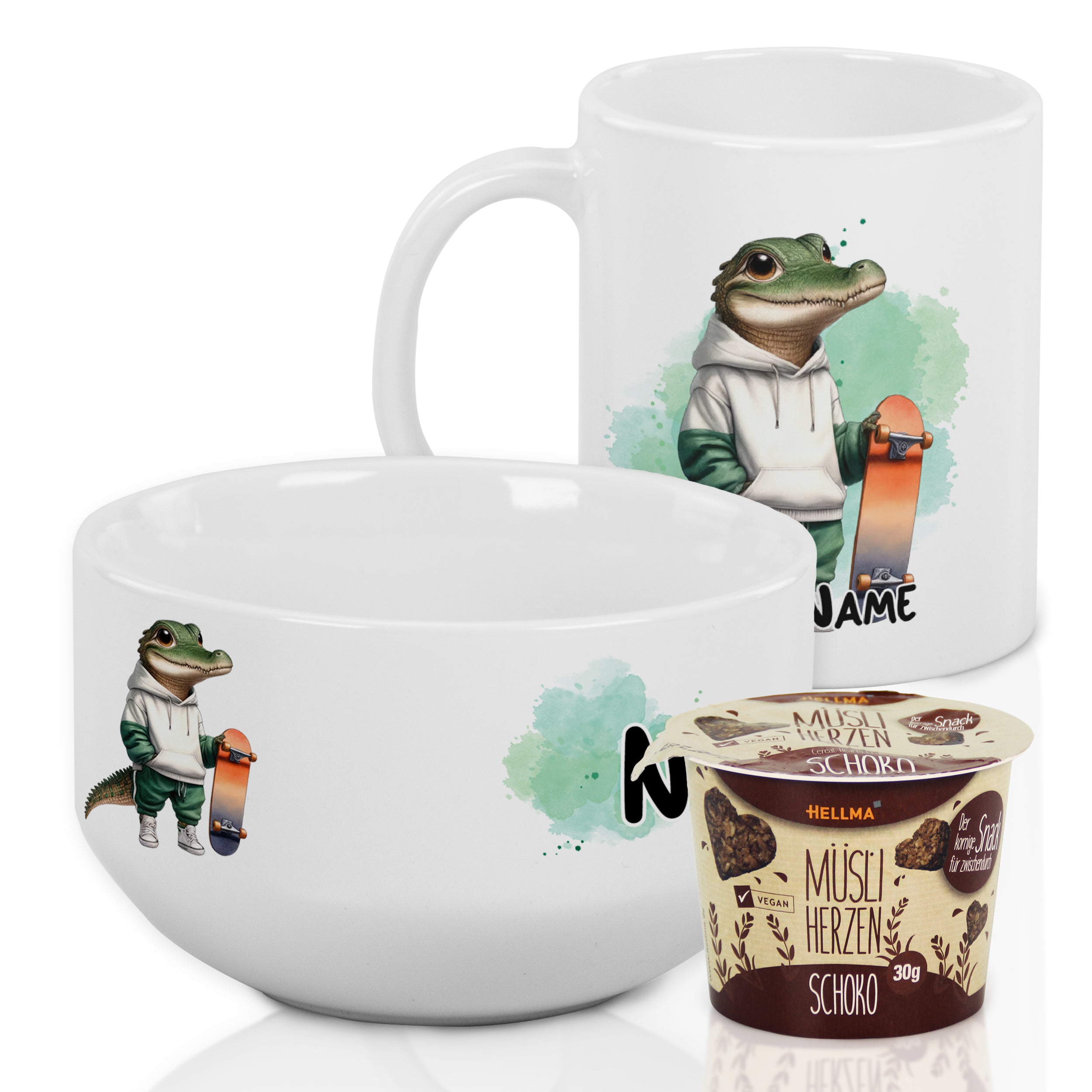 Weißes Geschirrset mit Krokodil-Motiv, inklusive Tasse und Schüssel.