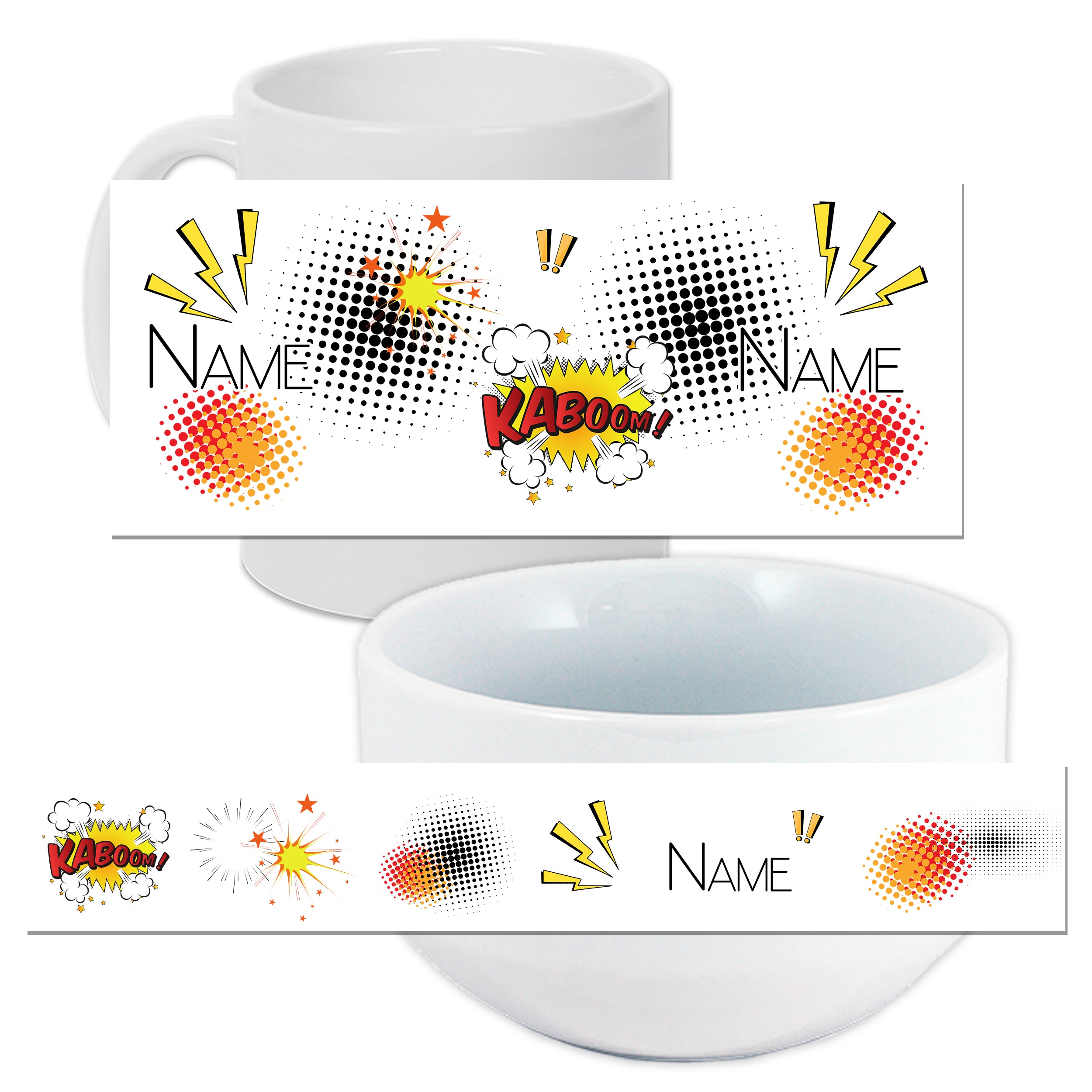 Weißer Becher und Schüssel mit Comic-Design und „KABOOM!“-Motiv.