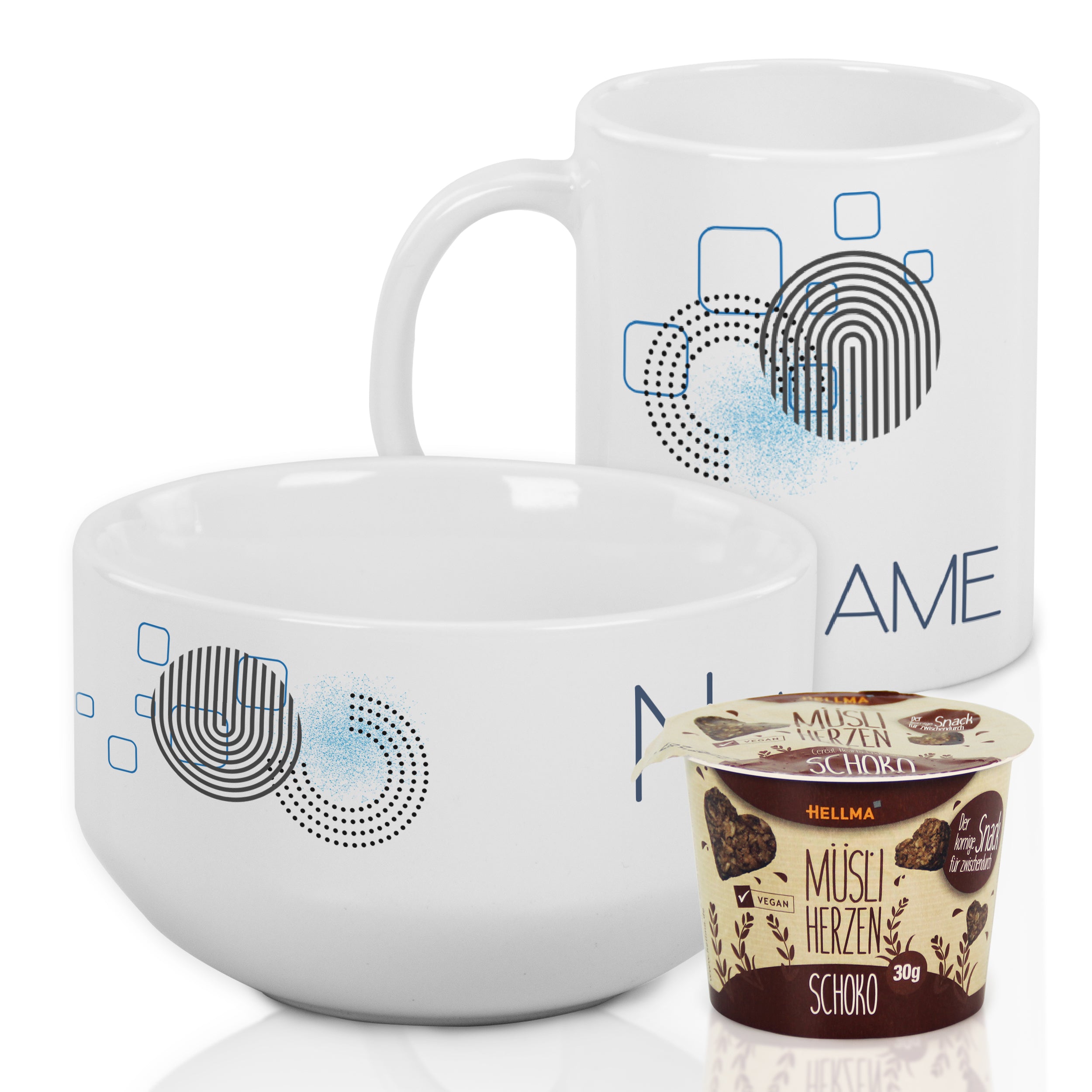 Weiße Tasse und Schüssel mit grafischem Design, Schoko-Müsli.