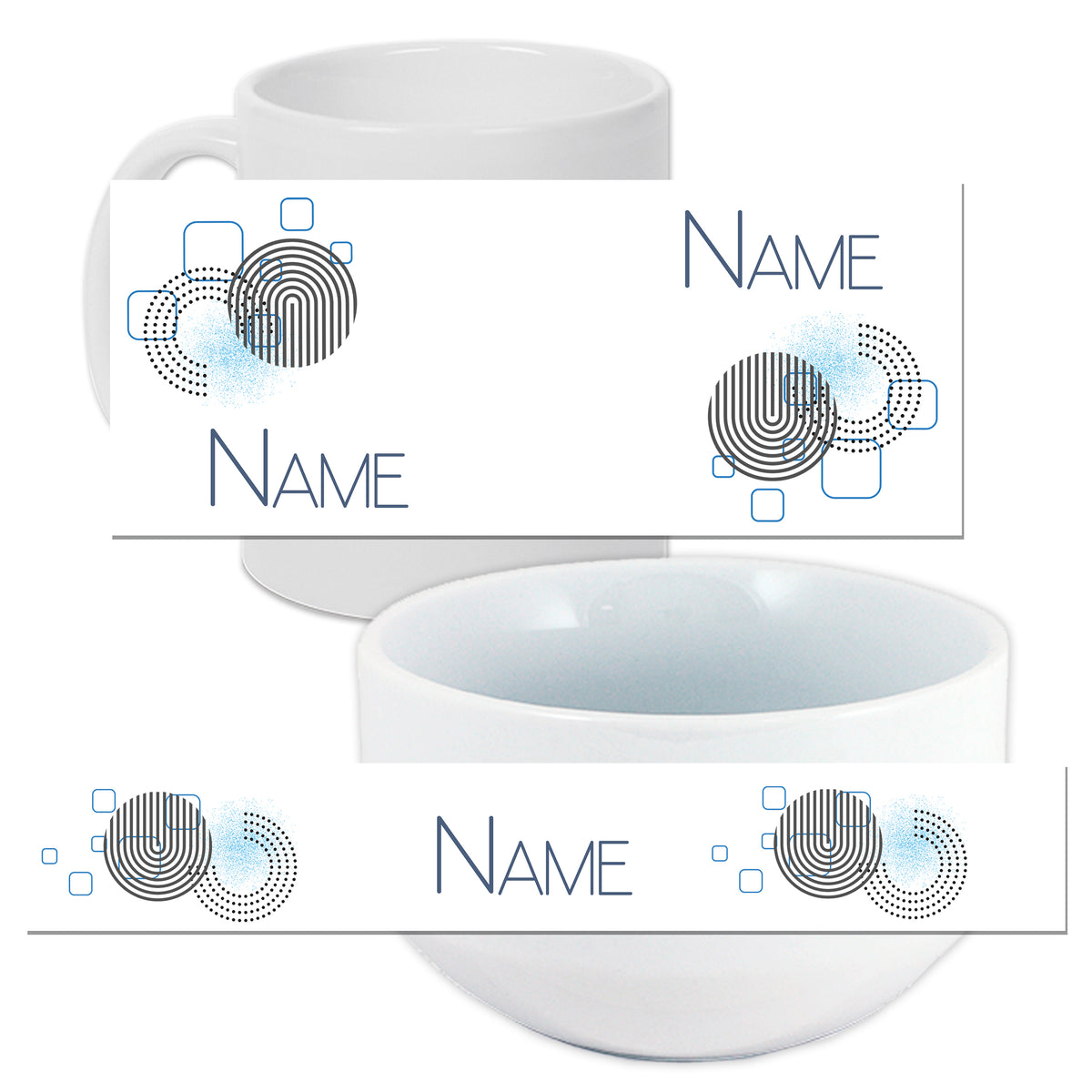 Weißer Becher und Schüssel mit grafischem Design.