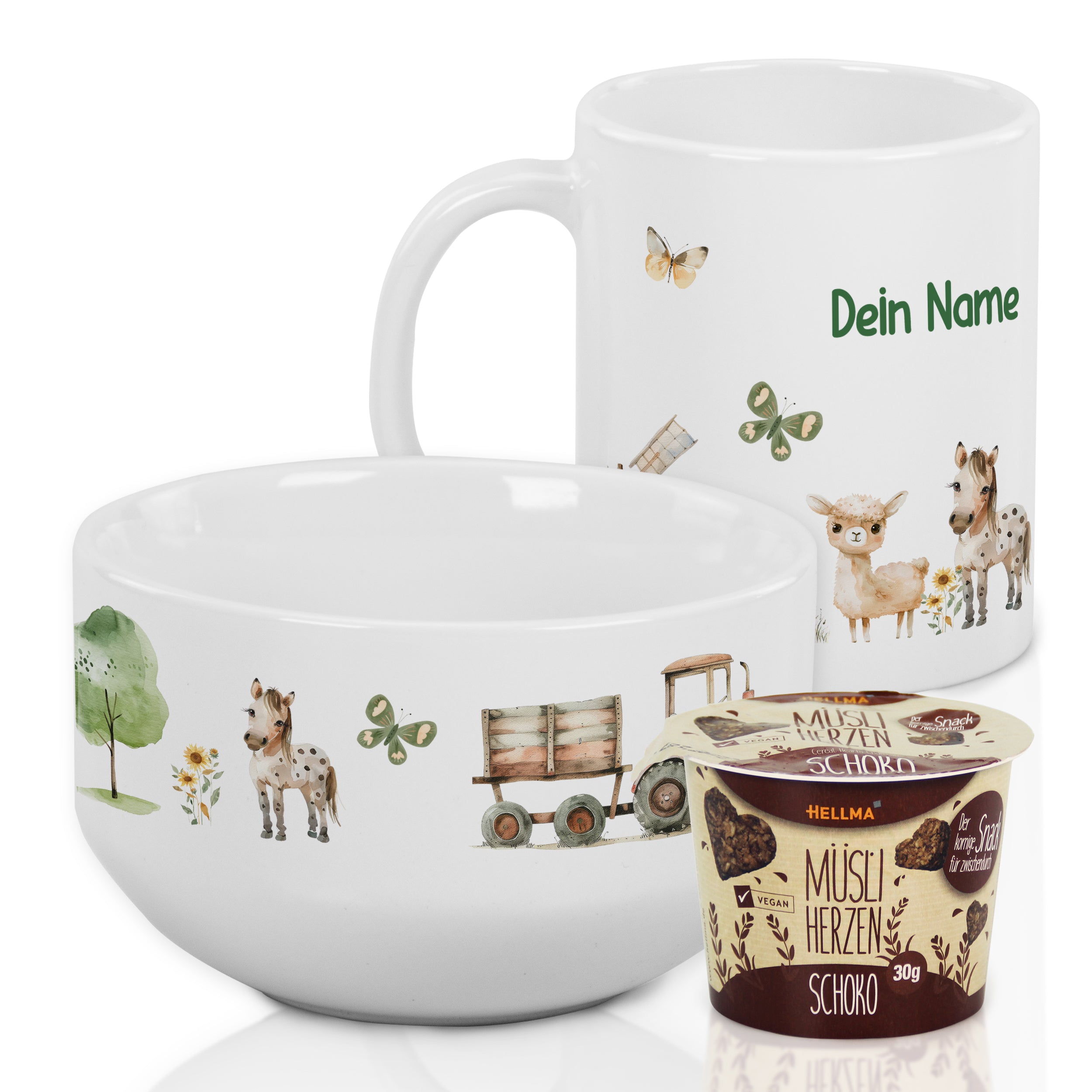 Personalisierte Tasse und Müslischale mit Tiermotiven.
