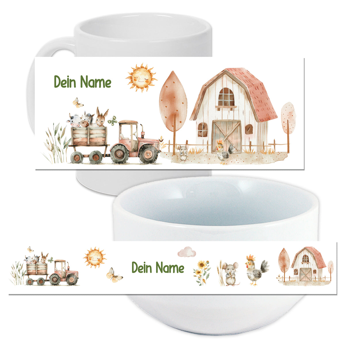 Personalisierte Tasse und Schüssel mit Bauernhof-Motiv.