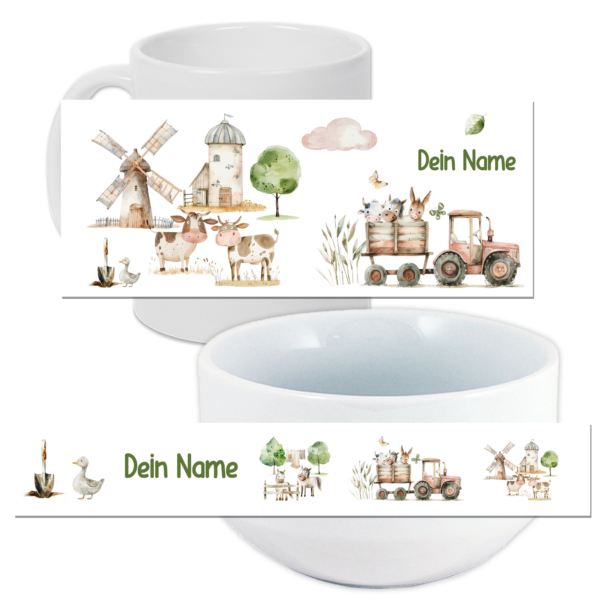 Weißer Becher und Schüssel mit ländlichen Motiven und personalisiertem Namen.
