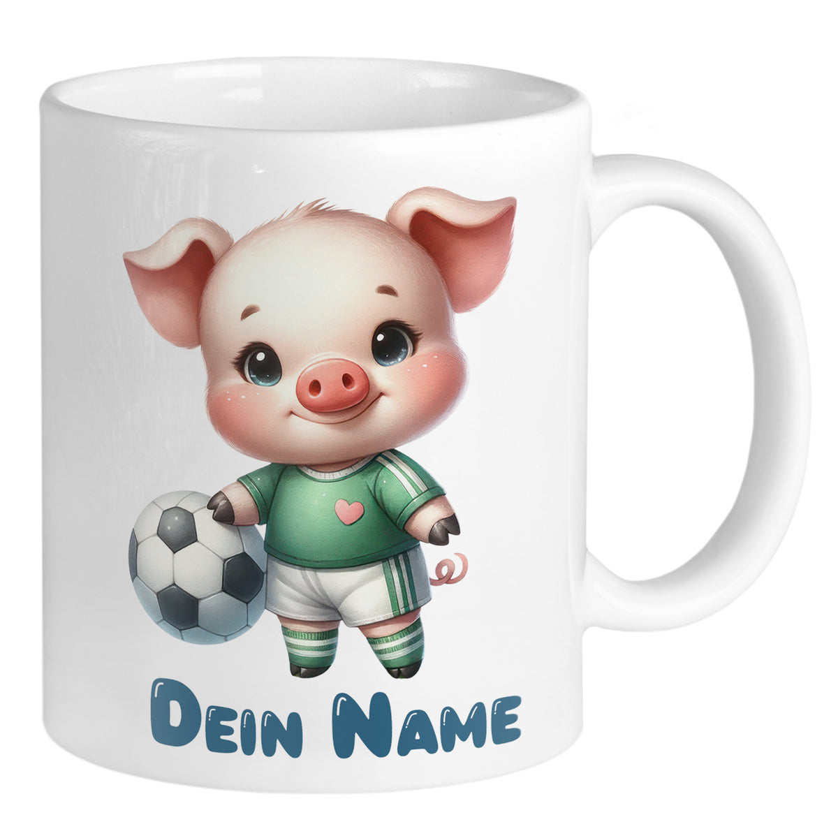 Tasse mit niedlichem Fußball spielendem Schweinchen und Namen.