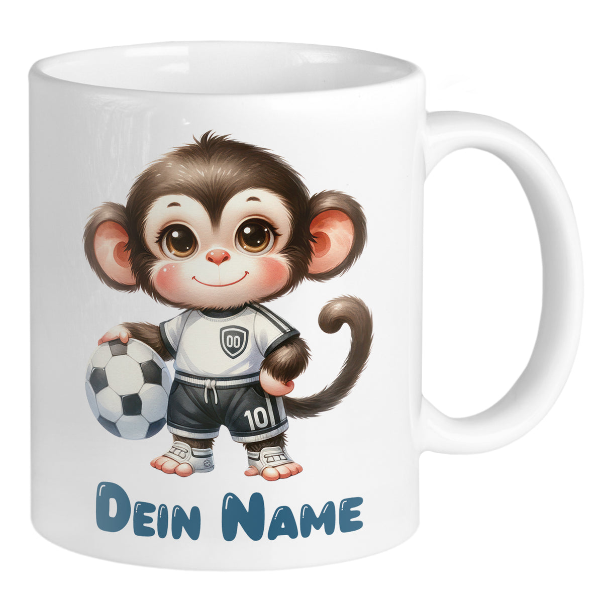 Kaffeetasse mit niedlichem Fußballaffen und personalisiertem Namen.