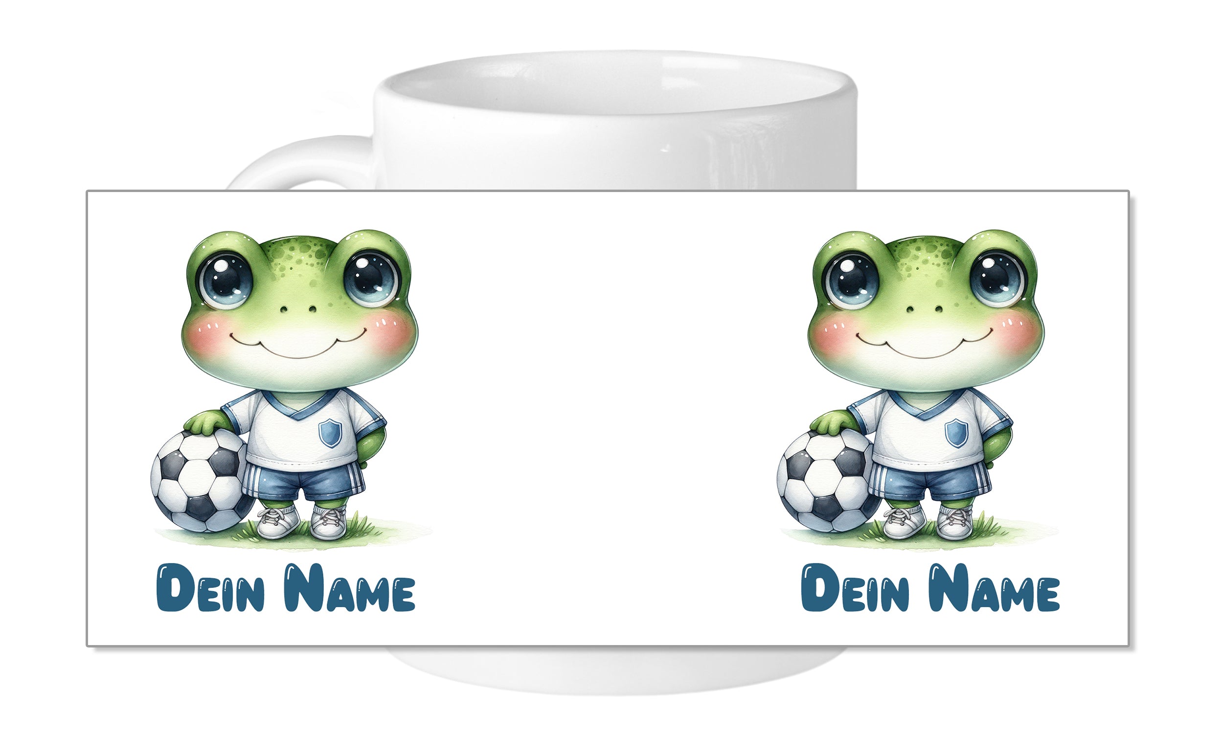 Tasse mit grünem Frosch und Fußball, personalisierbar.