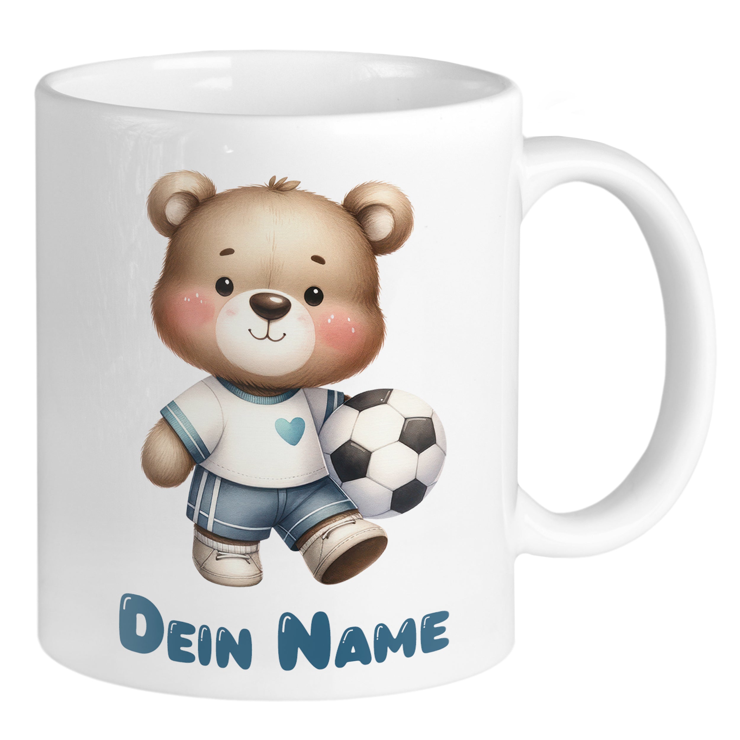 Kaffeetasse mit niedlichem Bären und Fußballmotiv.