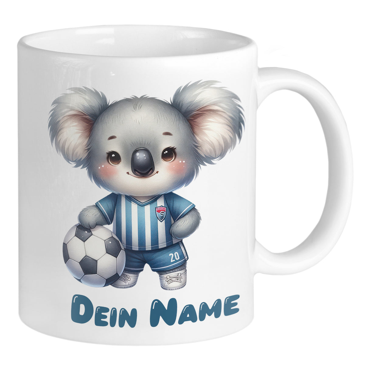Kaffeetasse mit niedlichem Koala und Fußballmotiv.