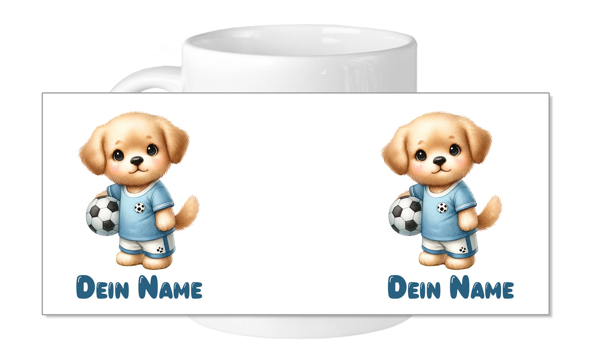 Kaffeetasse mit niedlichem Hund und Fußball, personalisierbar.