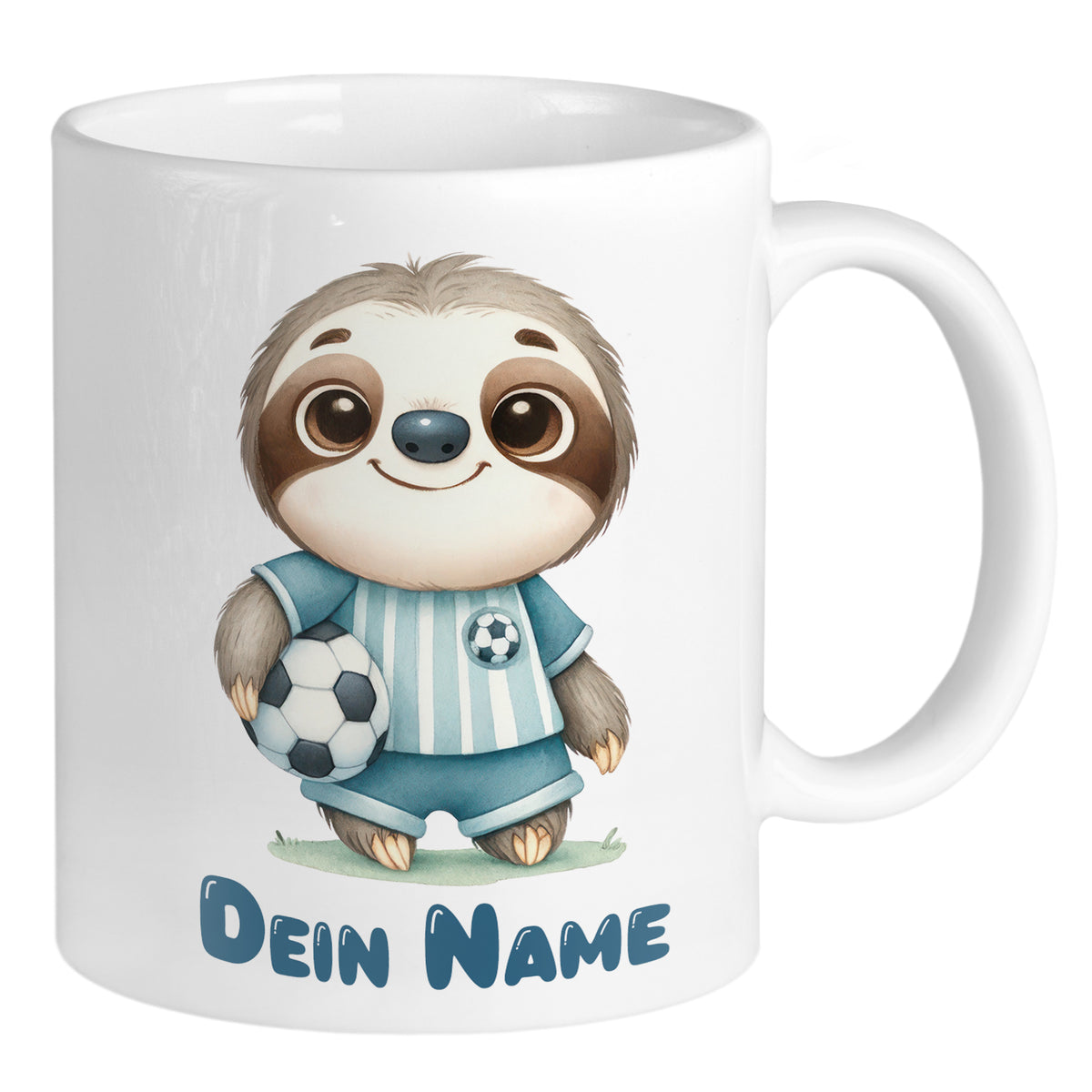 Tasse mit niedlichem Faultier und Fußballmotiv, personalisierbar.