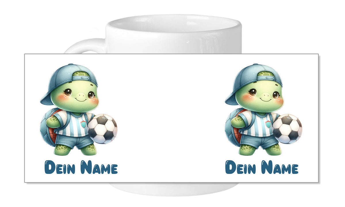 Tasse mit zwei niedlichen Fußball-Schildkröten und Namen.