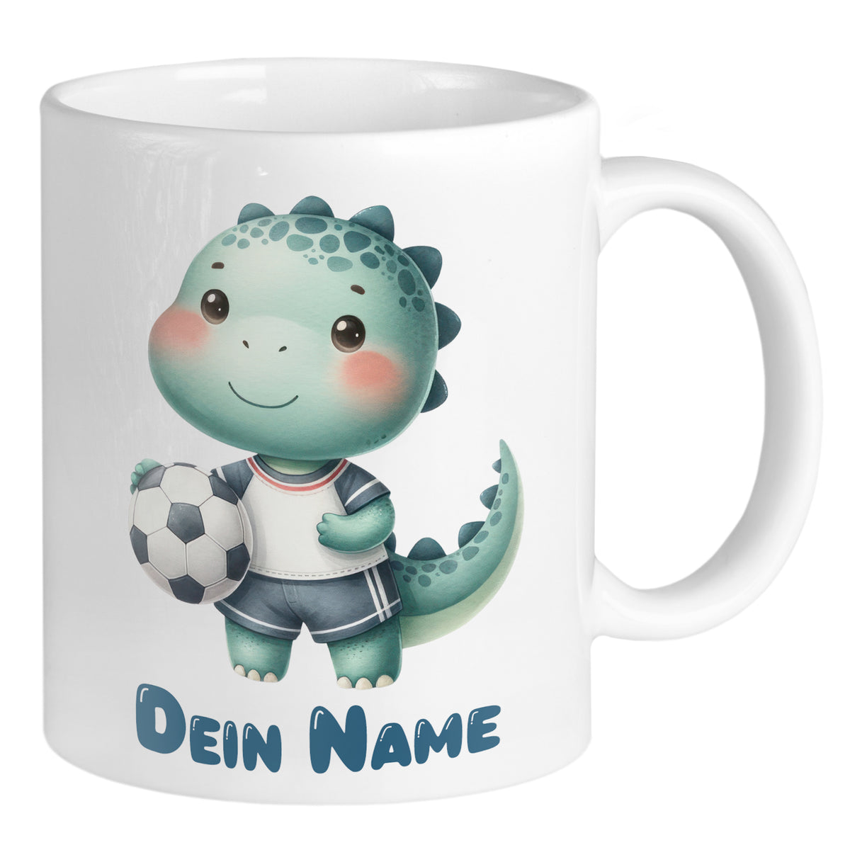 Tasse mit grünem Dinosaurier und Fußball, personalisiert.