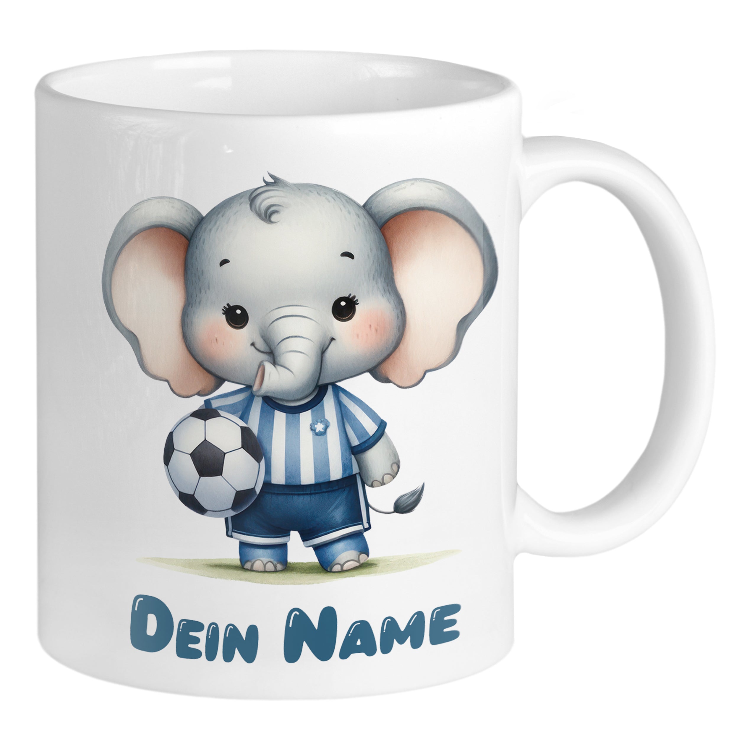 Tasse mit niedlichem Elefanten und Fußballmotiv.