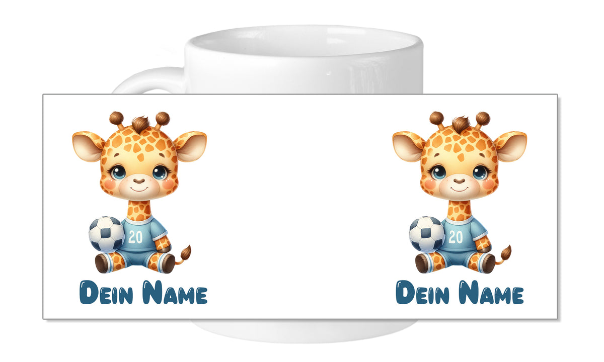 Kaffeetasse mit niedlicher Giraffe und Fußballmotiven.