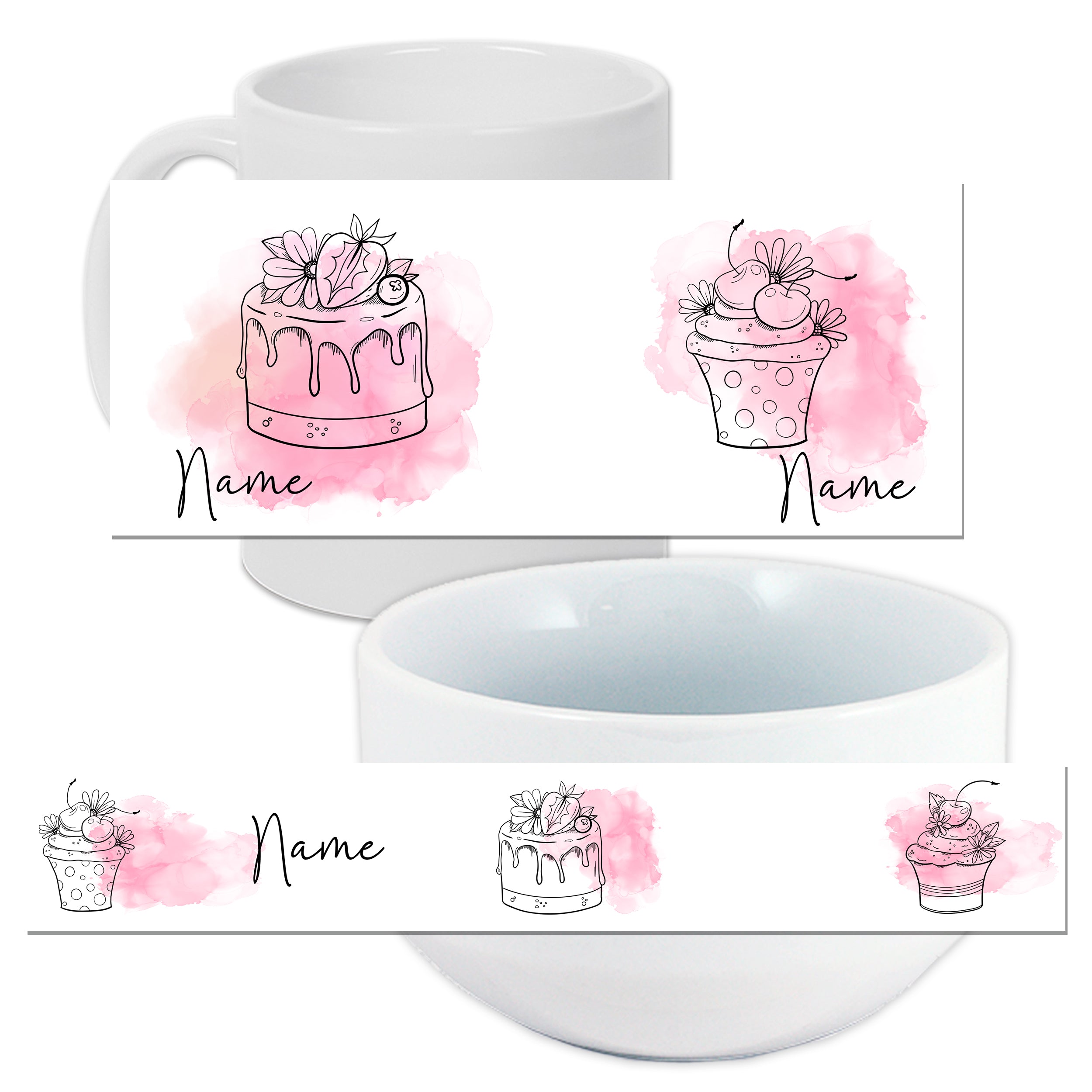 Weißer Becher und Schüssel mit rosa Dessert-Illustrationen.