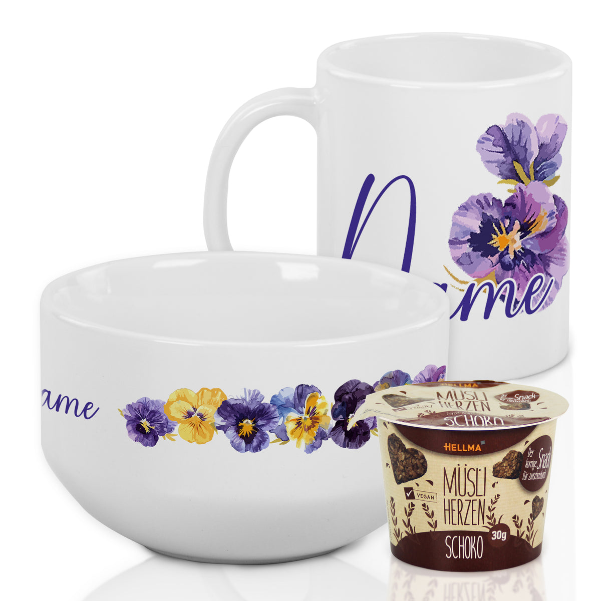 Tasse und Schüssel mit lila Blütenmotiven, weiße Keramik.