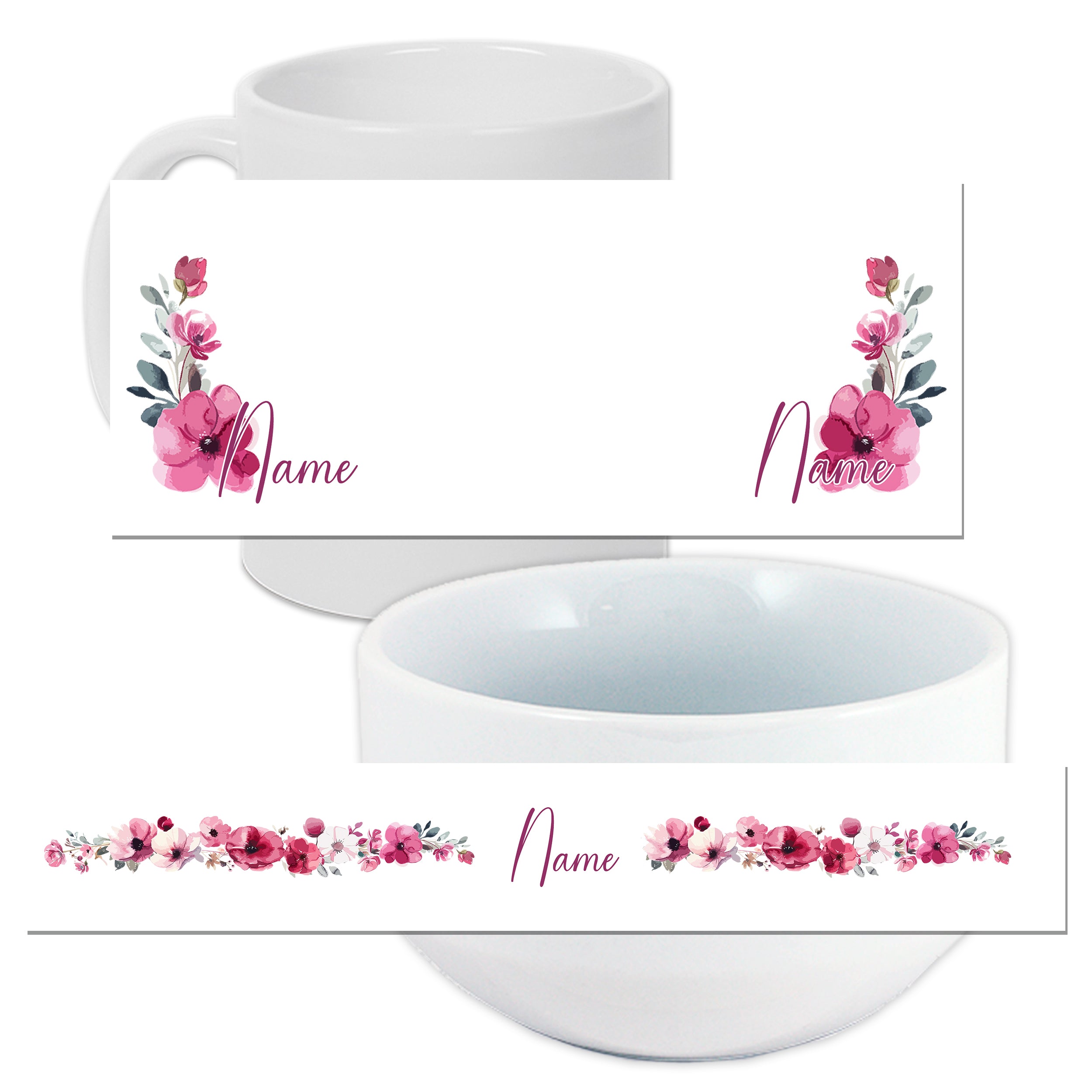 Weißes Geschirr mit rosa Blumen und personalisierbarem Namen.