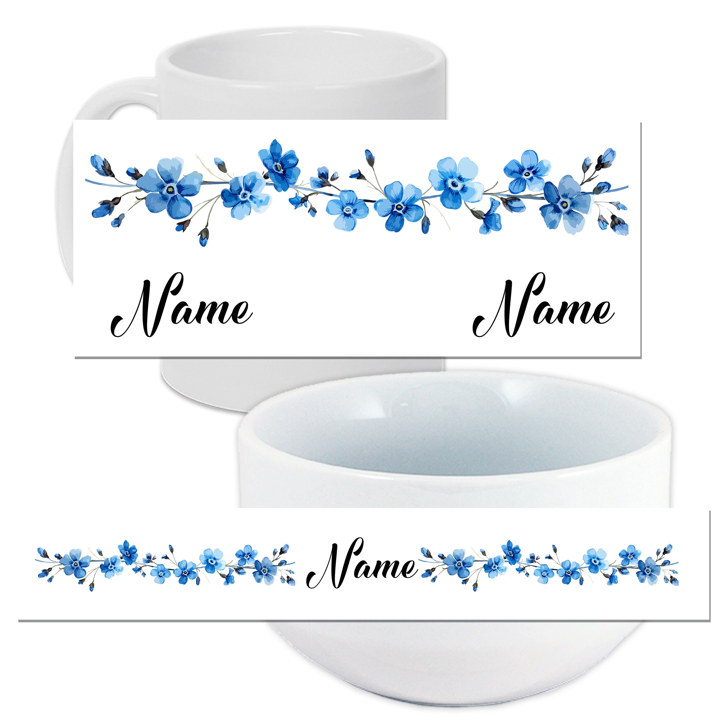 Weiße Tasse und Schüssel mit blauen Blumenmotiven.