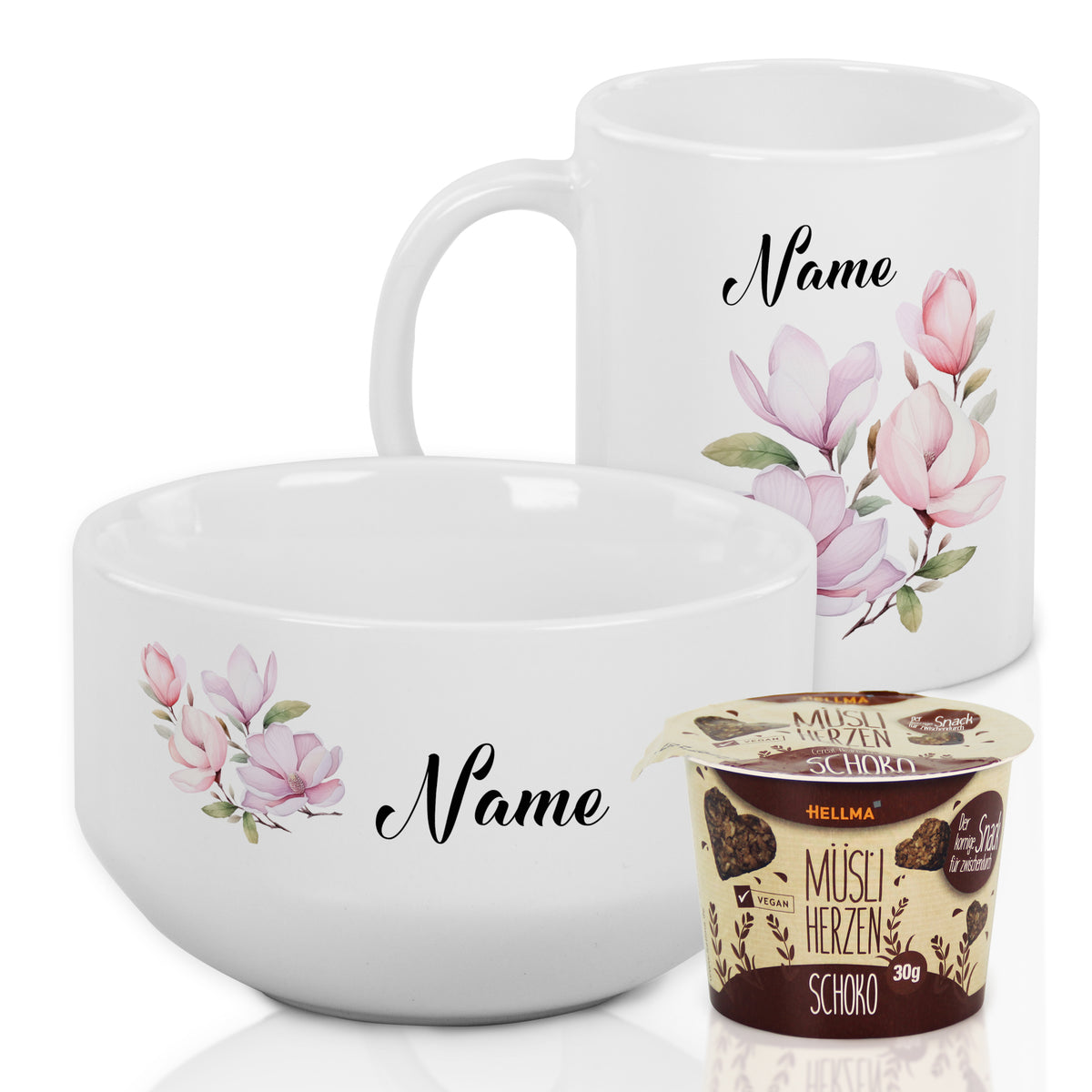 Weißes Geschirrset mit Namen, Blumenmuster und Schokoladenmüsli.