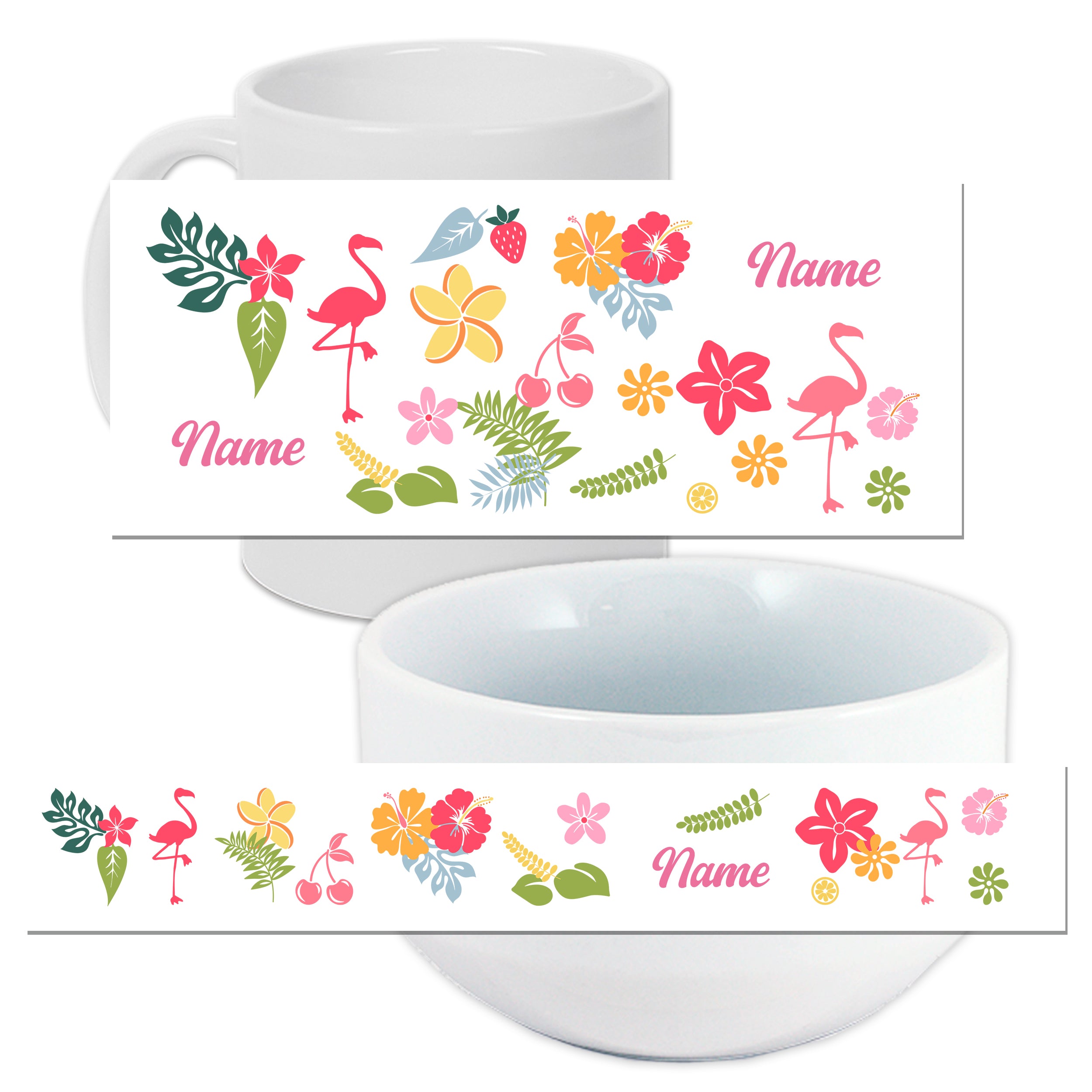 Weißer Becher und Schüssel mit bunten Blumen und Flamingos.