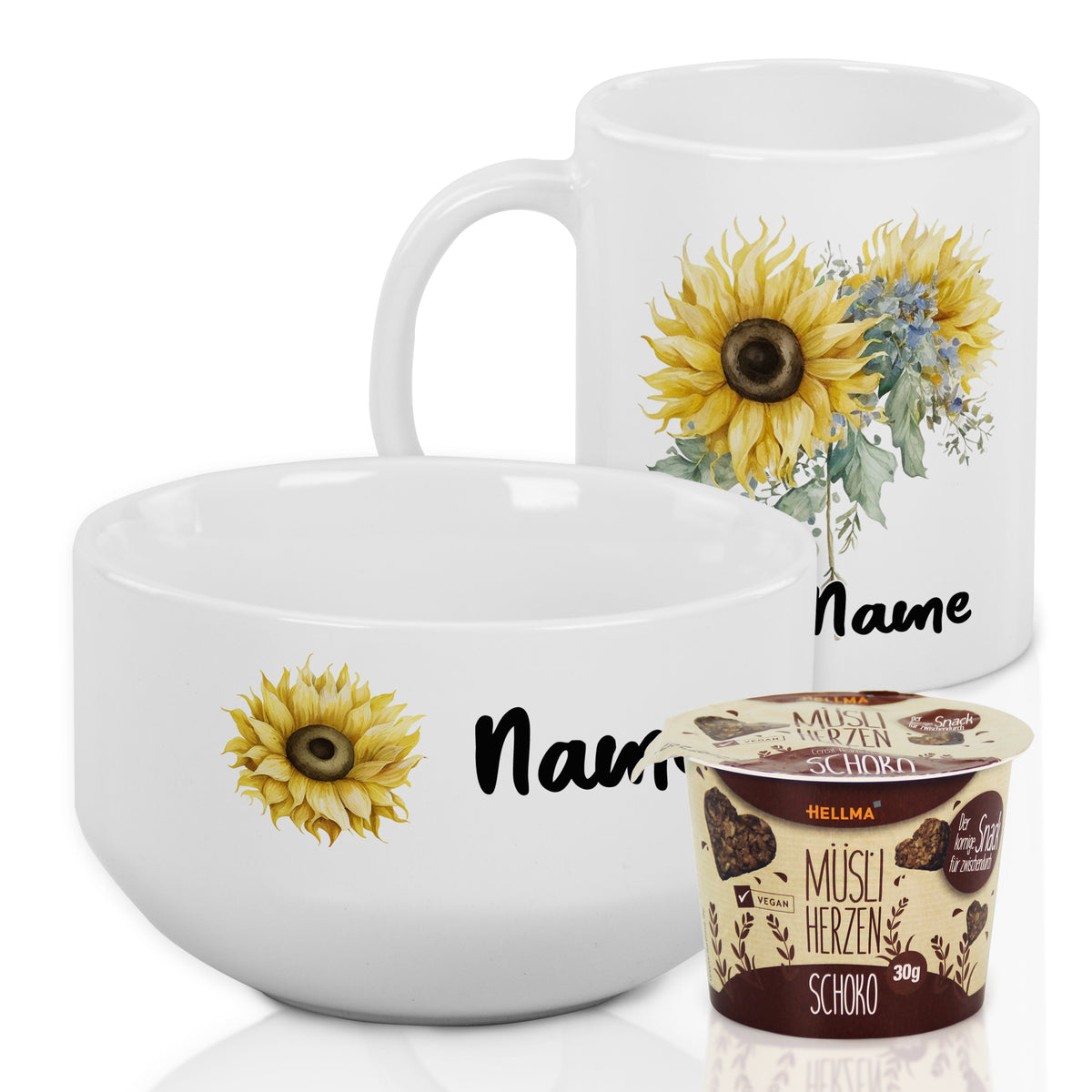 Weißes Geschirrset mit Sonnenblumenmotiv und Schokoladenmüsli.