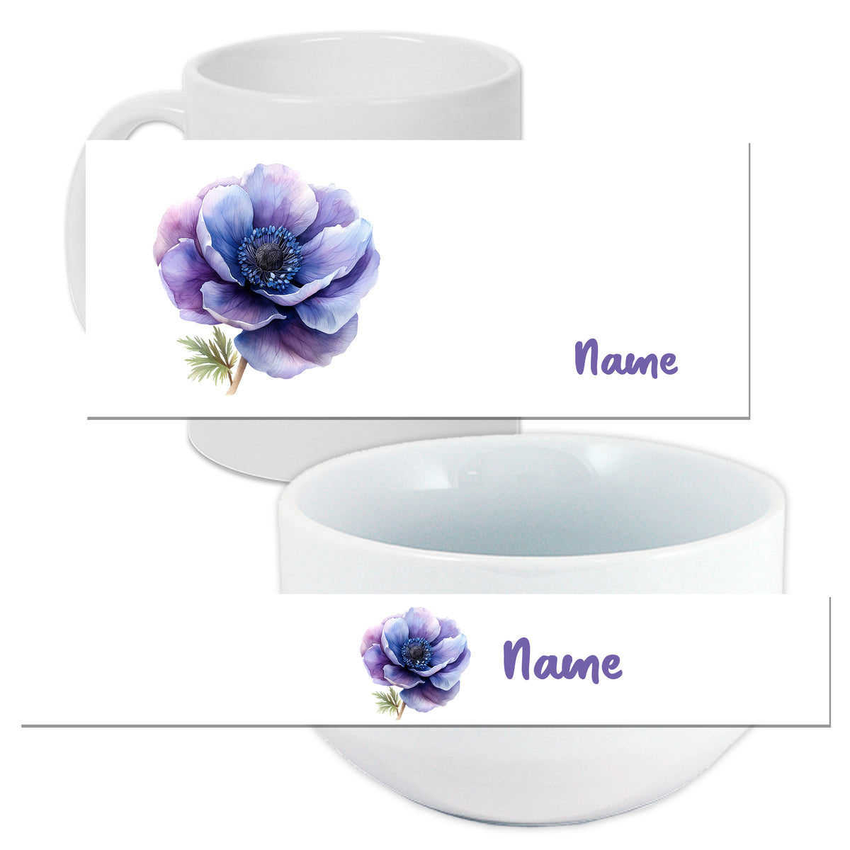 Weißer Becher und Schüssel mit lila Blume und Namen.