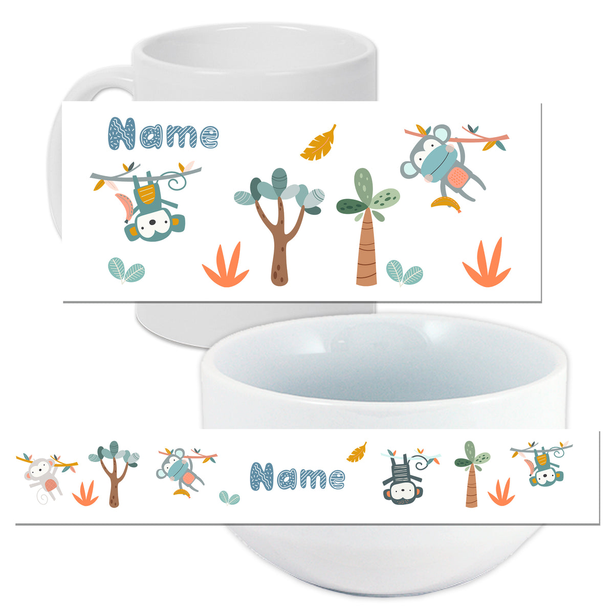 Weißer Becher und Schüssel mit buntem Tierdesign.