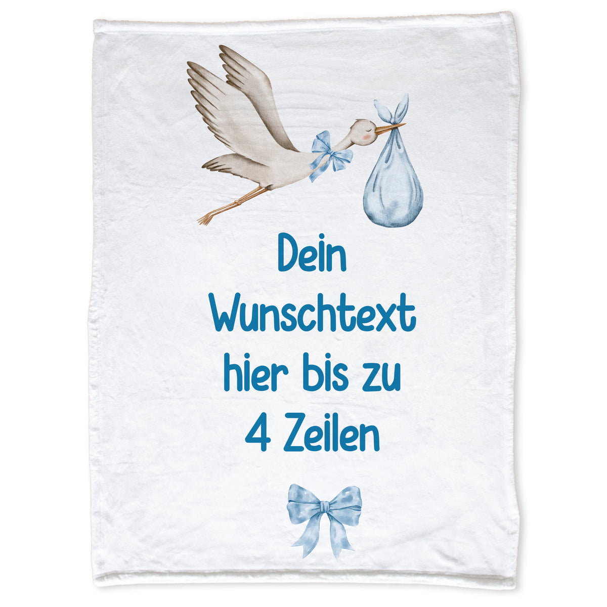 Personalisierbare Babydecke in Weiß mit Storch-Design.
